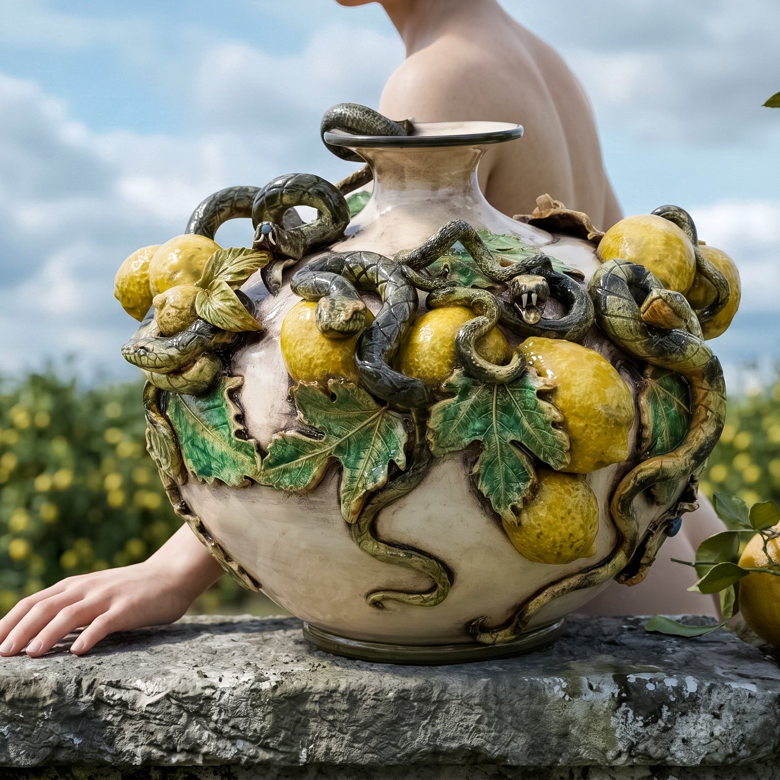 Vaso Boccia Eden con Limoni Applicati in Ceramica di Caltagirone - Linea Giardini dell'Eden, Madreperla