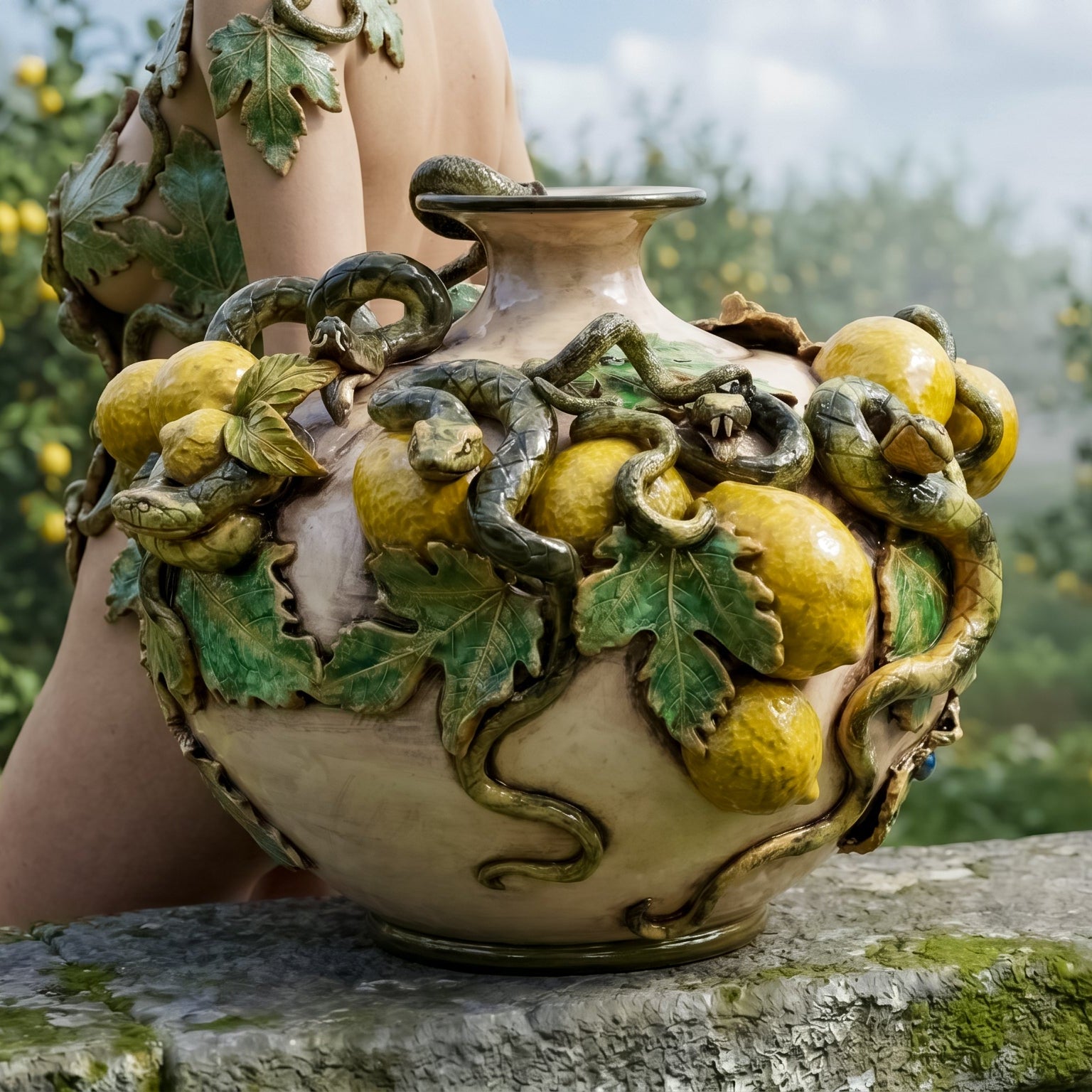 Vaso Boccia Eden con Limoni Applicati in Ceramica di Caltagirone - Linea Giardini dell'Eden, Madreperla