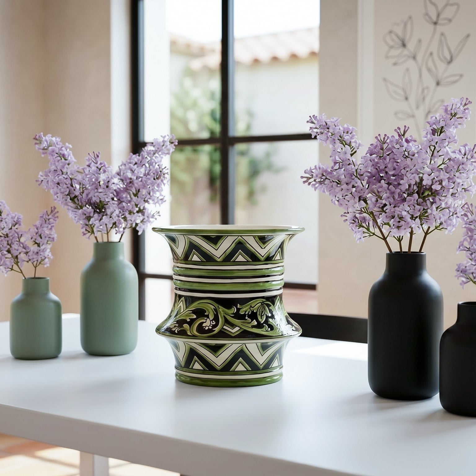 Vaso cilindro a fasce in Ceramica di Caltagirone h 25 cm Ø 23 - Linea Parigi Nero e Verde