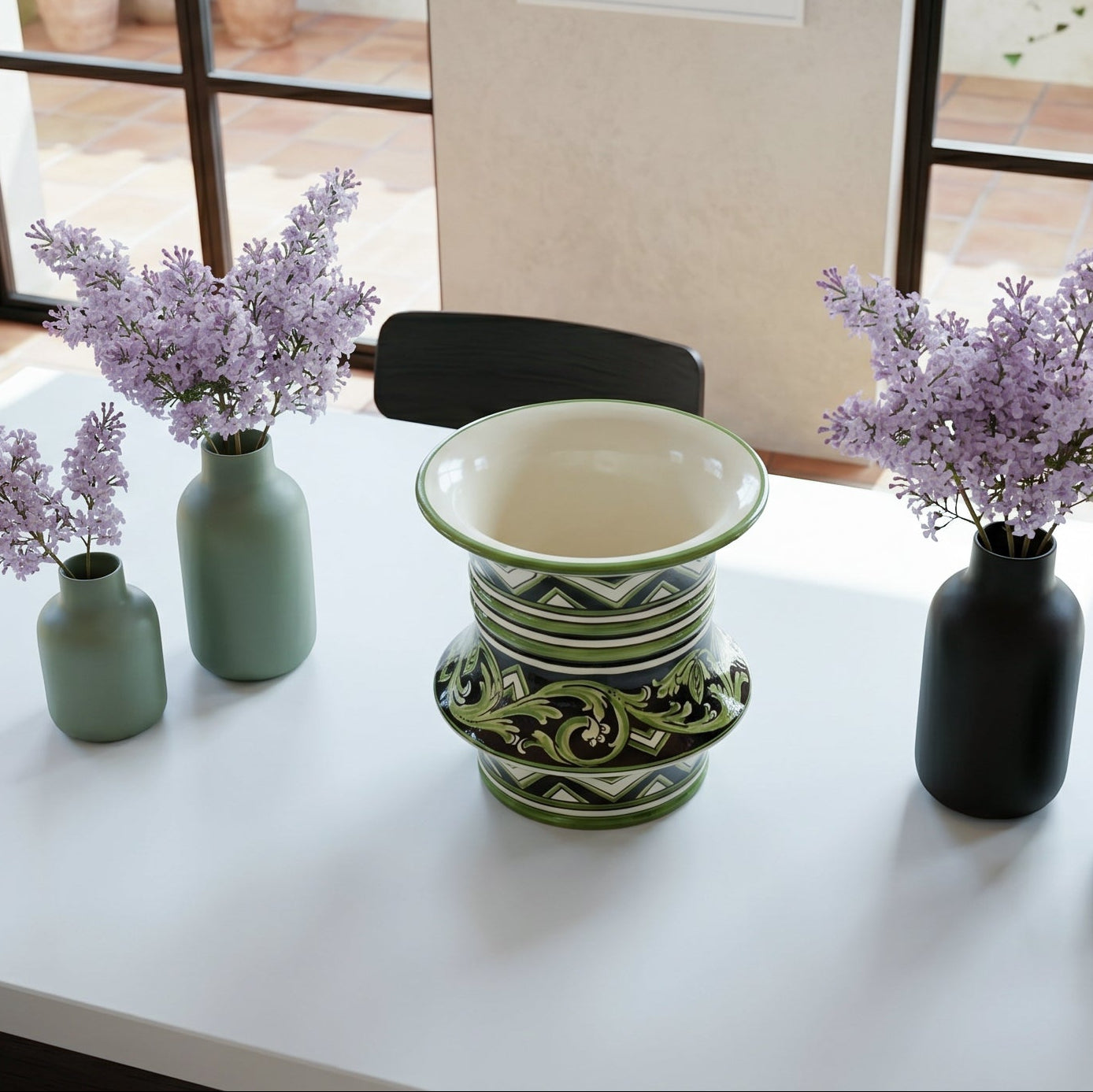 Vaso cilindro a fasce in Ceramica di Caltagirone h 25 cm Ø 23 - Linea Parigi Nero e Verde