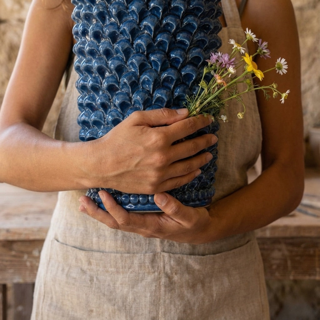 Vaso ceramica Caltagirone blu artigianale Sofia con fiori, ceramiche caltagirone fatti a mano