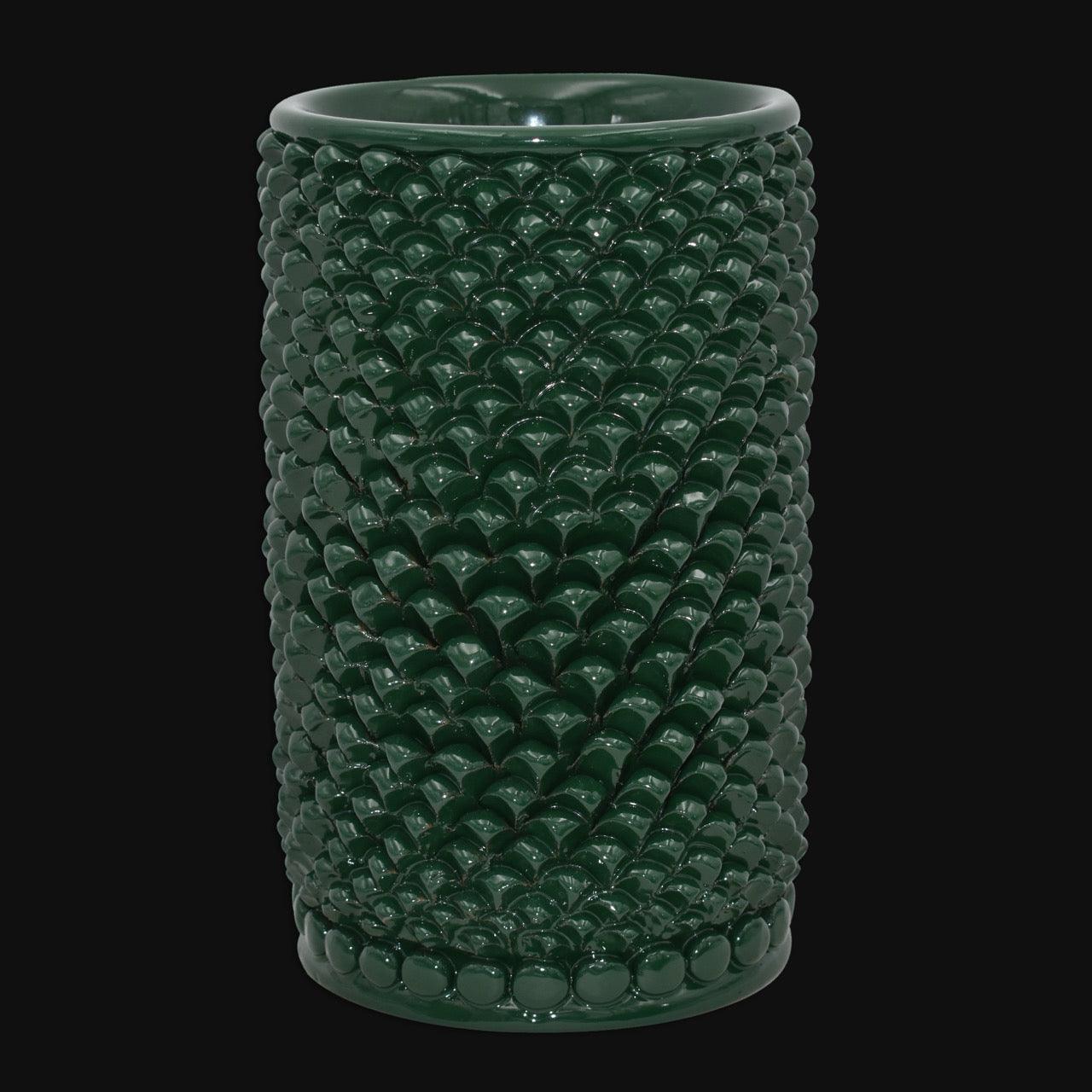 Vaso cilindro pigna di Caltagirone modellata a mano altezza 25 cm in verde antico - Ceramiche di Caltagirone Sofia