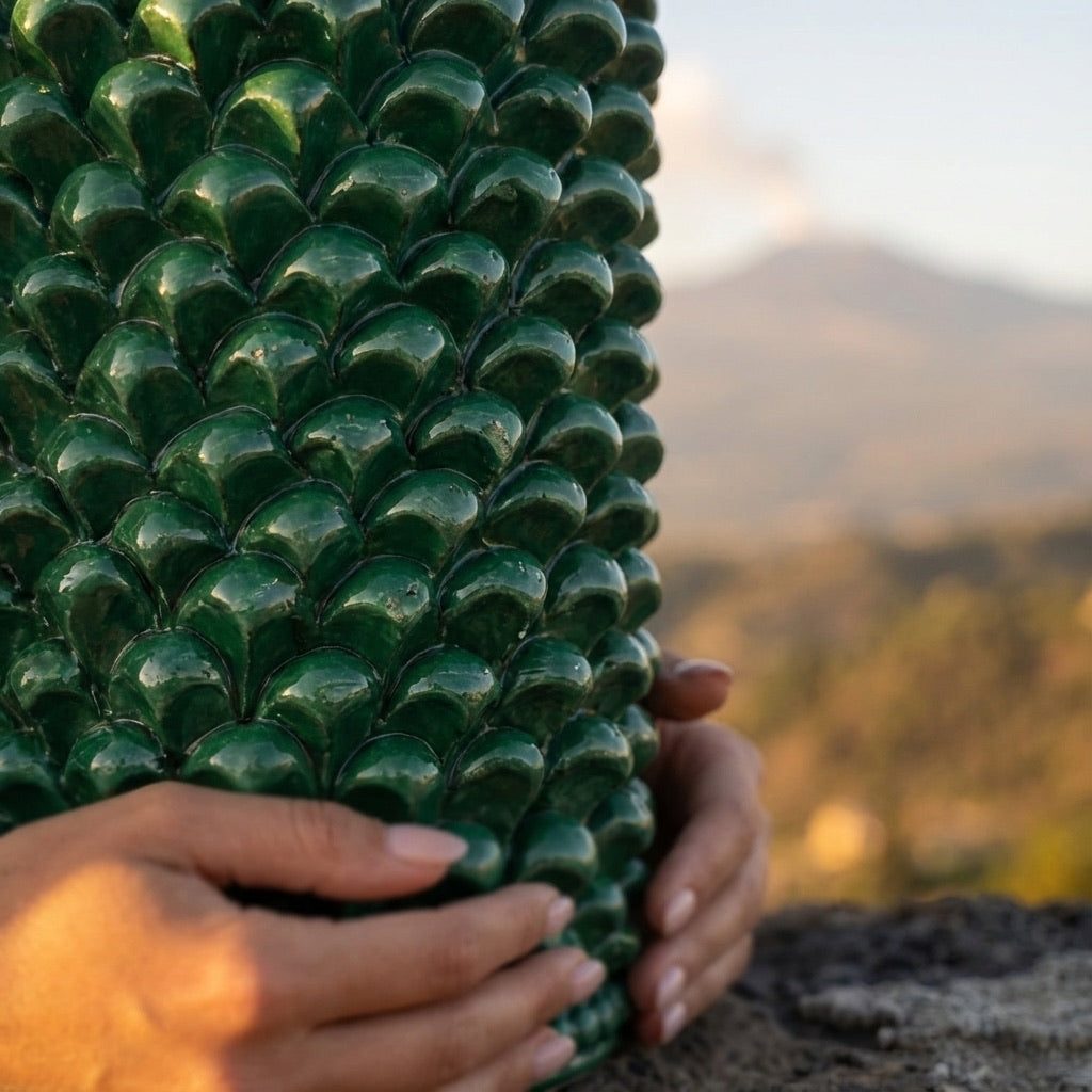 Vaso cilindro pigna di Caltagirone modellata a mano altezza 25 cm in verde antico