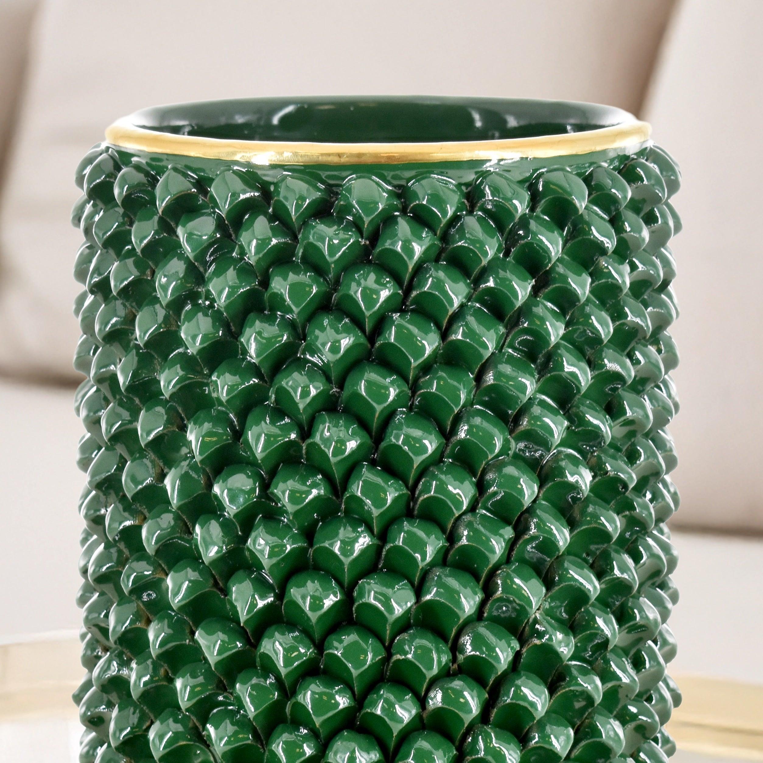 Vaso cilindro pigna modellata a mano in verde e oro - Ceramiche di Caltagirone Sofia