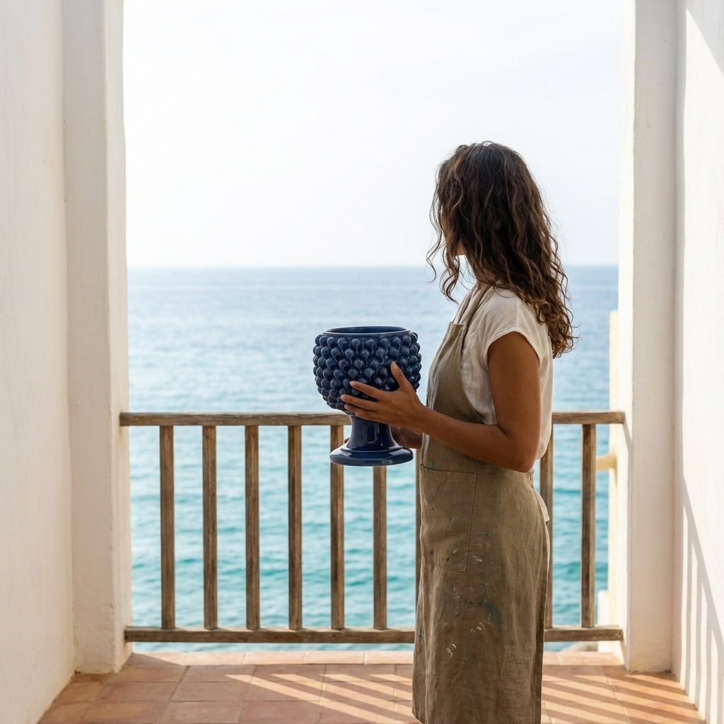 Vaso mezza pigna blu intenso in ceramica di Caltagirone - Ceramiche di Caltagirone Sofia