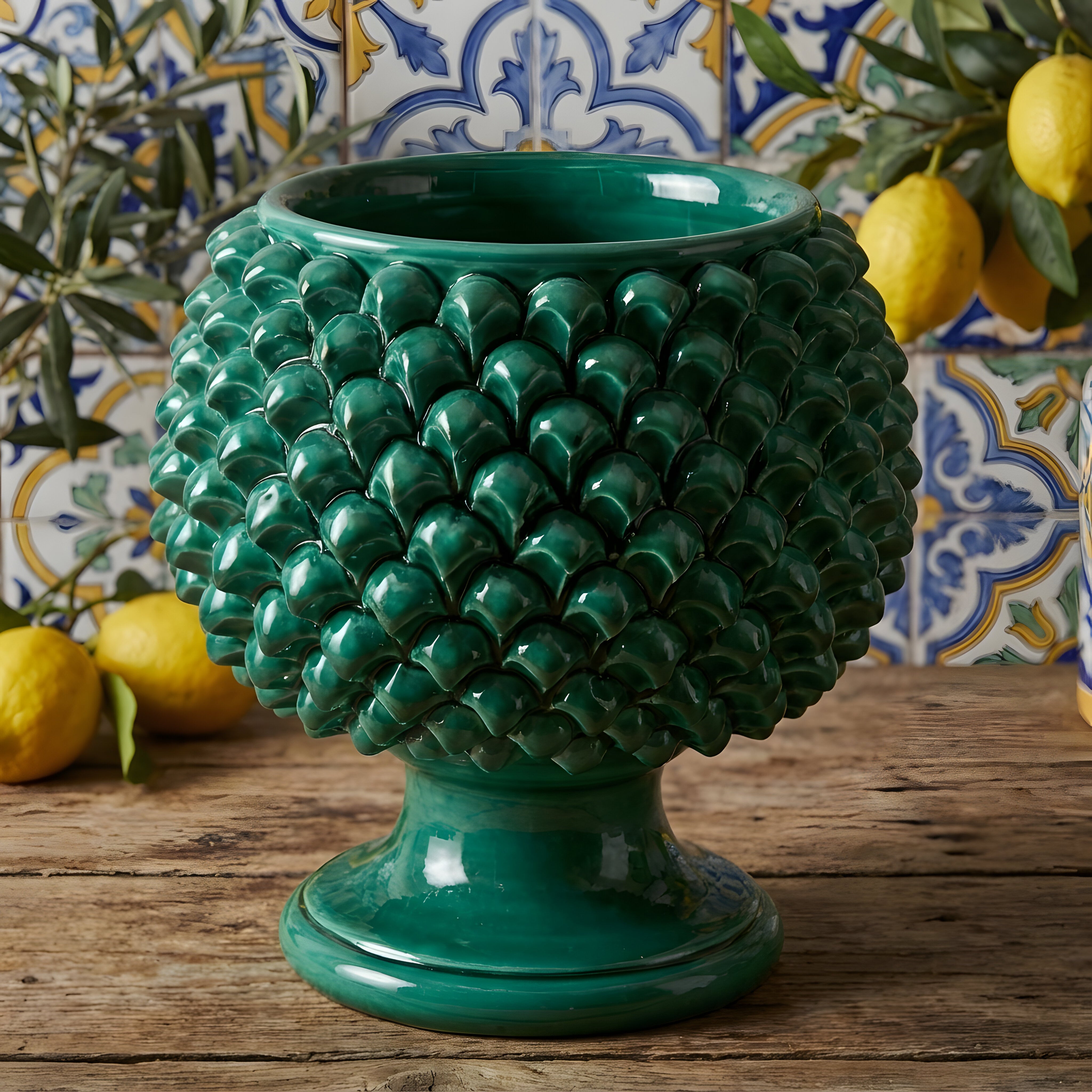 Vaso mezza pigna verde smeraldo in ceramica di Caltagirone - Ceramiche di Caltagirone Sofia