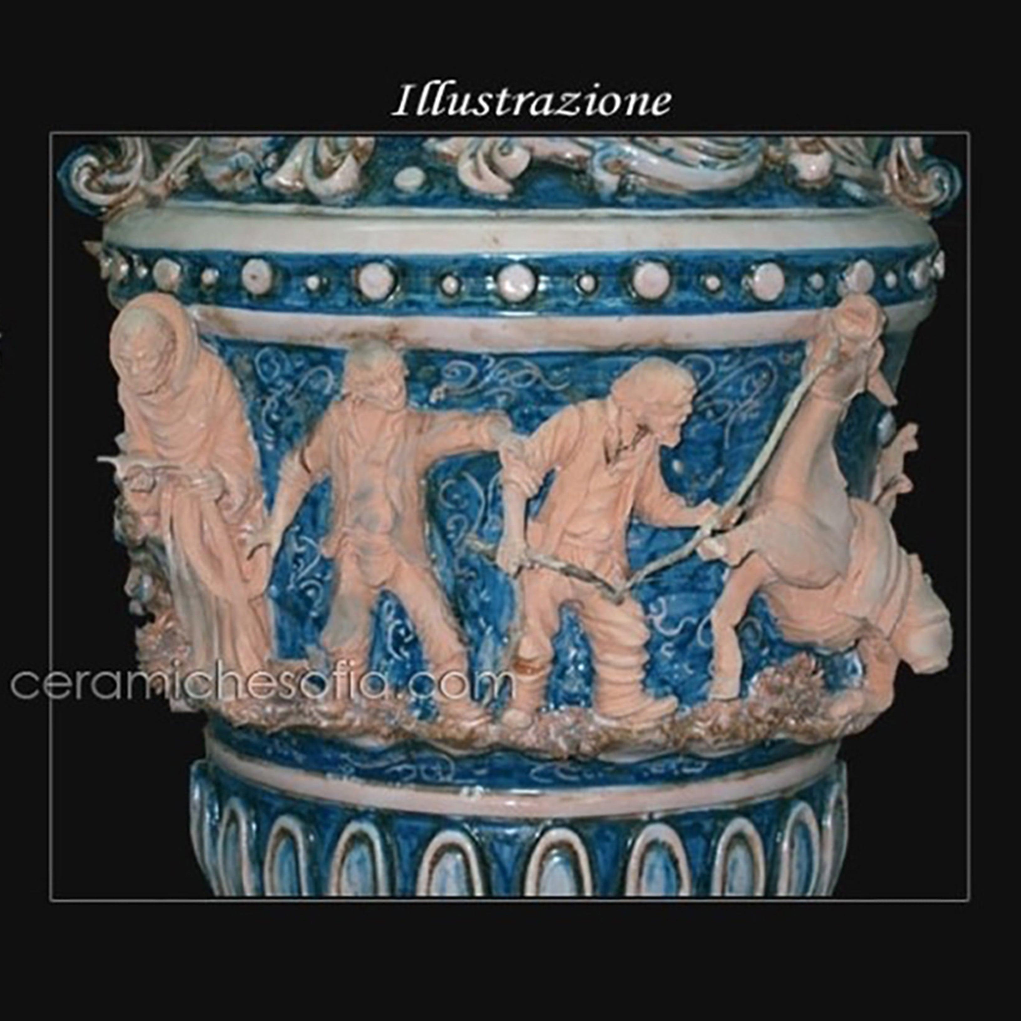 Vaso monumentale scenetta in serie limitata h 72 mono blu - Ceramiche di Caltagirone Sofia