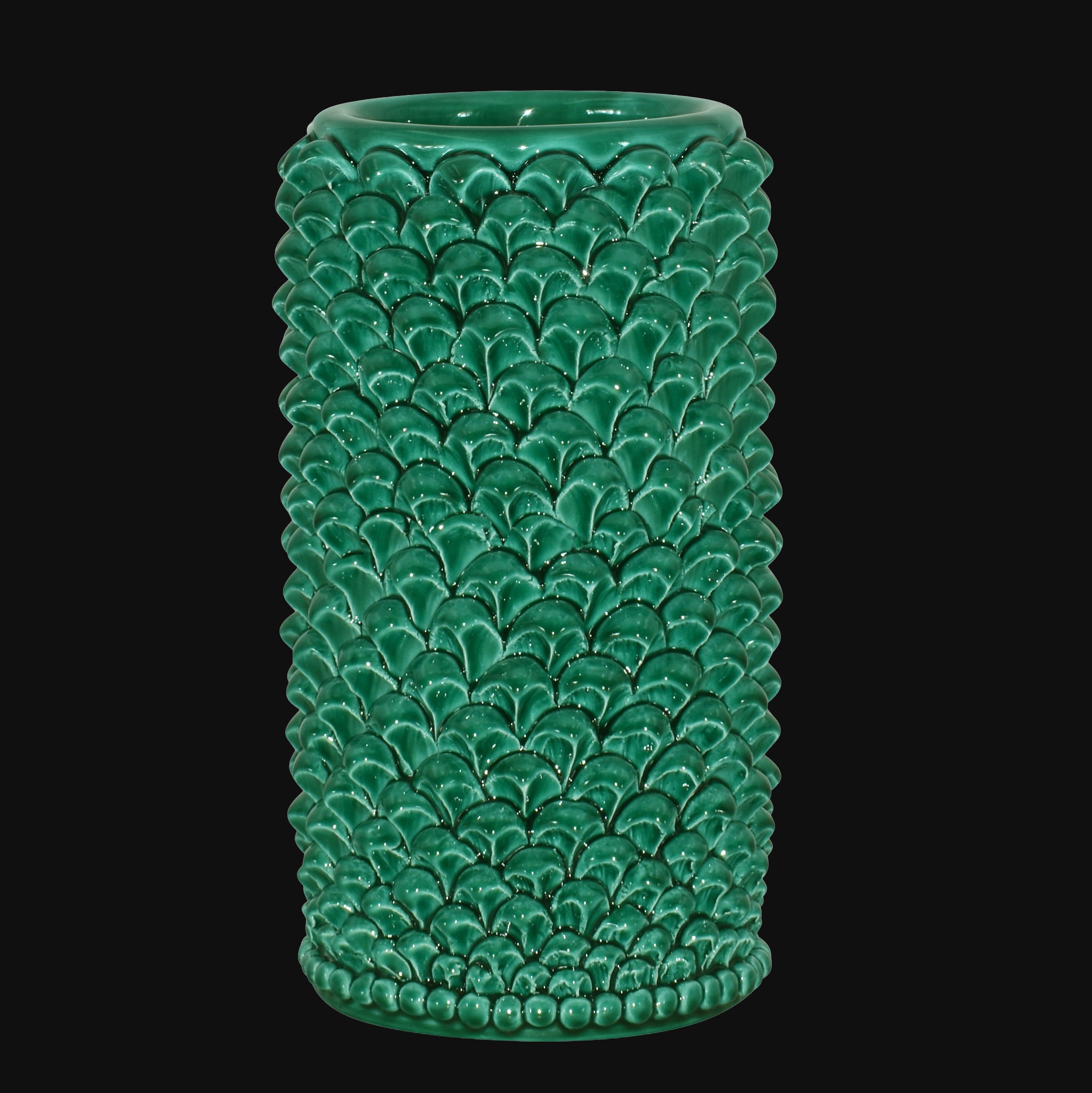 Vaso Pigna cilindro modellata a mano in verde smeraldo - Ceramiche di Caltagirone Sofia