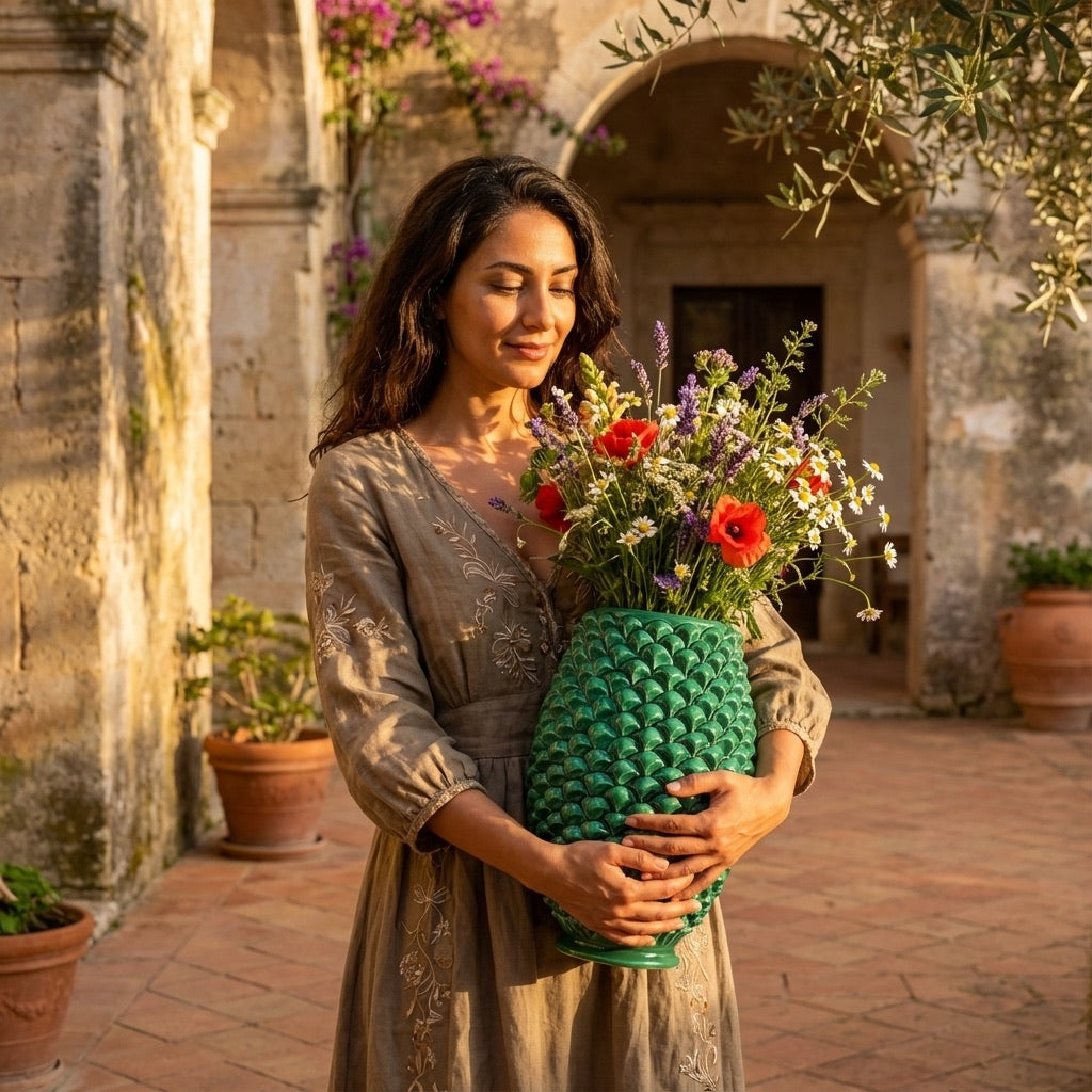 Vaso pigna di Caltagirone verde smeraldo modellata a mano - Ceramiche di Caltagirone Sofia