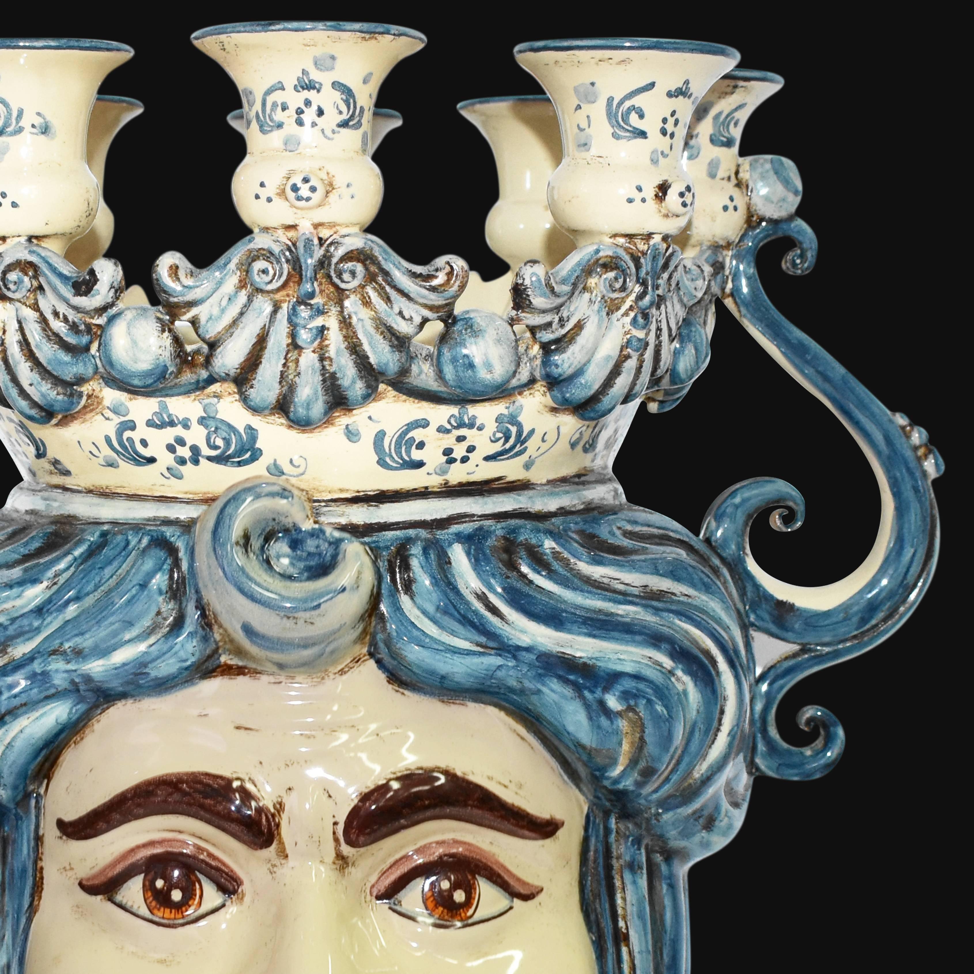 Testa a candeliere h 40 mono blu maschio bianco - Ceramiche di Caltagirone Sofia