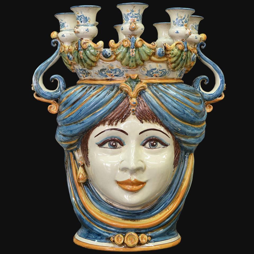Testa a candeliere h 40 blu e arancio femmina - Ceramiche di Caltagirone Sofia