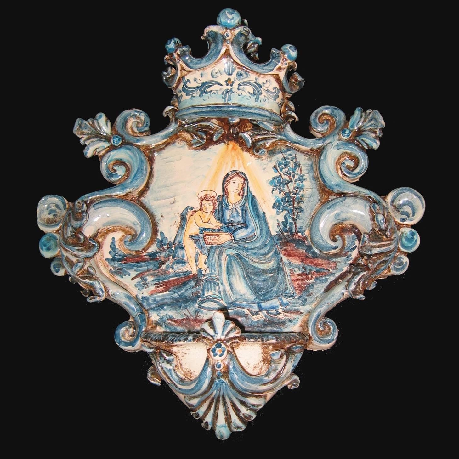 Acquasantiera grande appl 25x35 madonna valderice mono blu - Ceramiche di Caltagirone Sofia