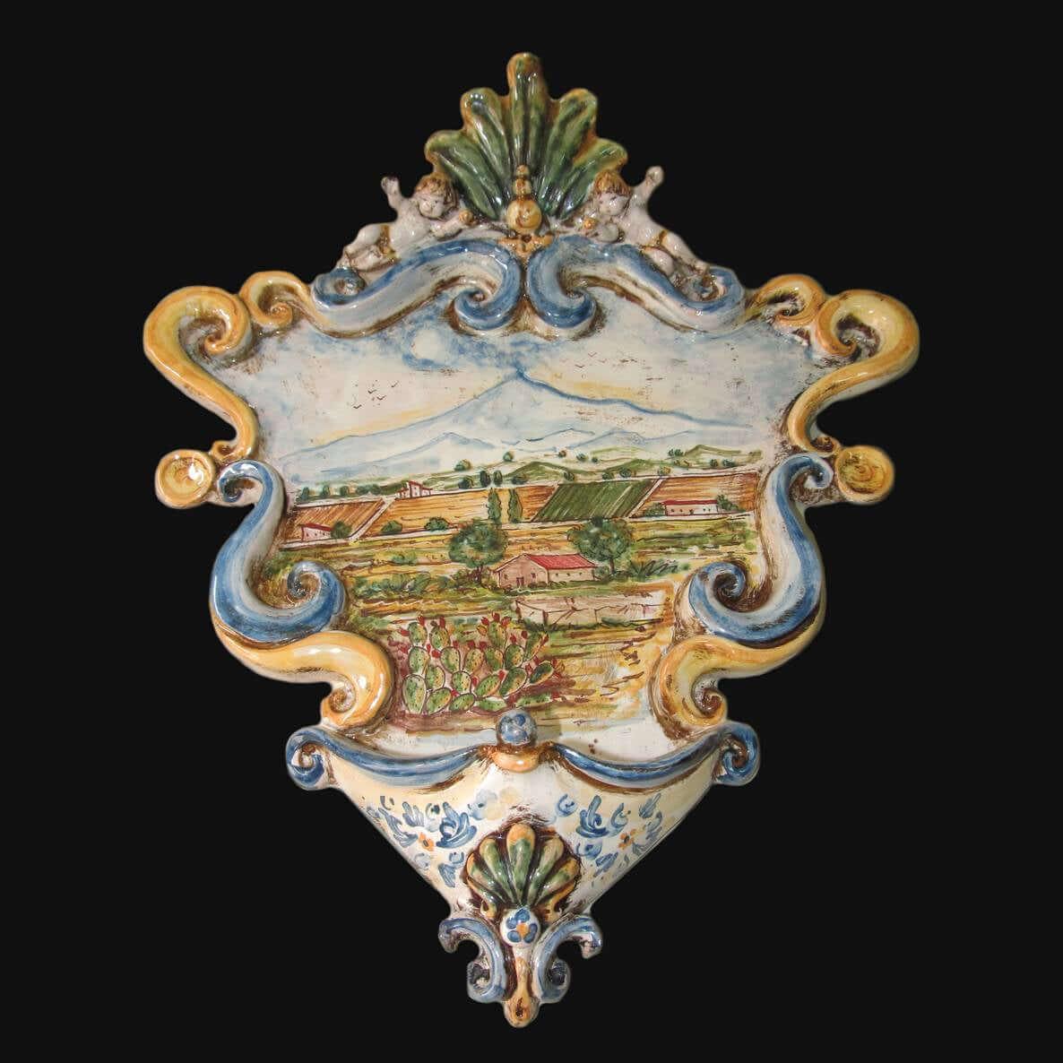 Acquasantiera Appl 28x33 Paesaggio Etna Tricolore in Ceramica di Caltagirone: Capolavoro Artigianale - Ceramiche di Caltagirone Sofia