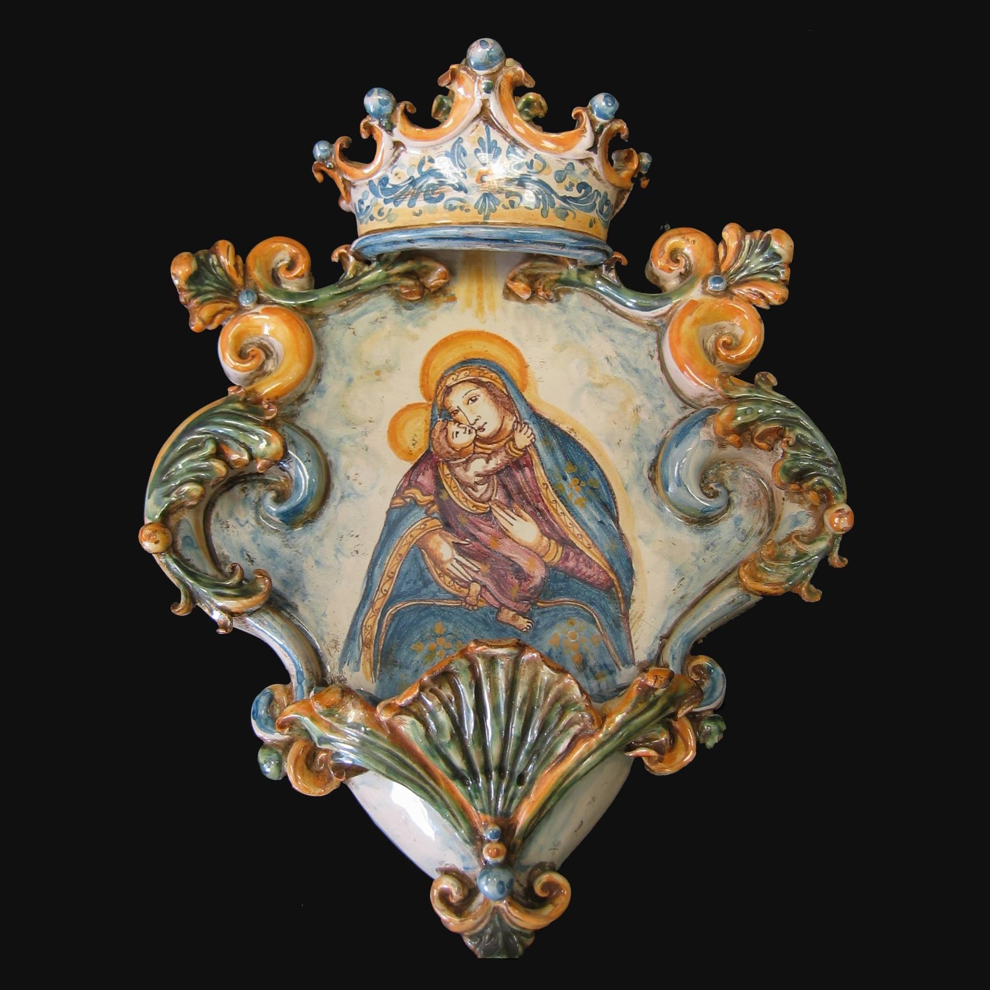 Acquasantiera Grande 25x35 Madonna con Gesù Tricolore - Ceramiche di Caltagirone Sofia