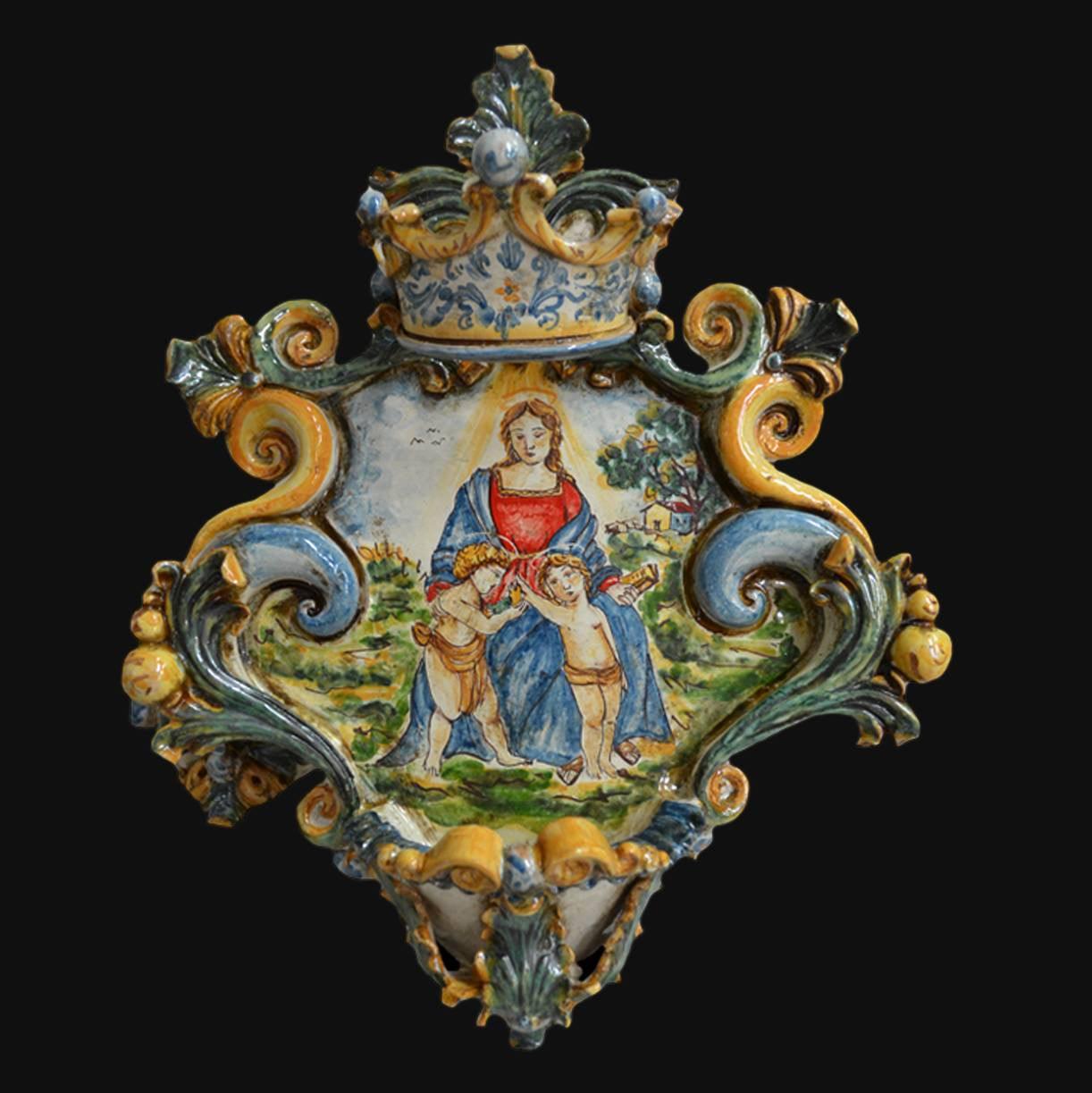 Acquasantiera Grande Appl 25x35 Madonna del Cardellino Tricolore in Ceramica di Caltagirone - Ceramiche di Caltagirone Sofia