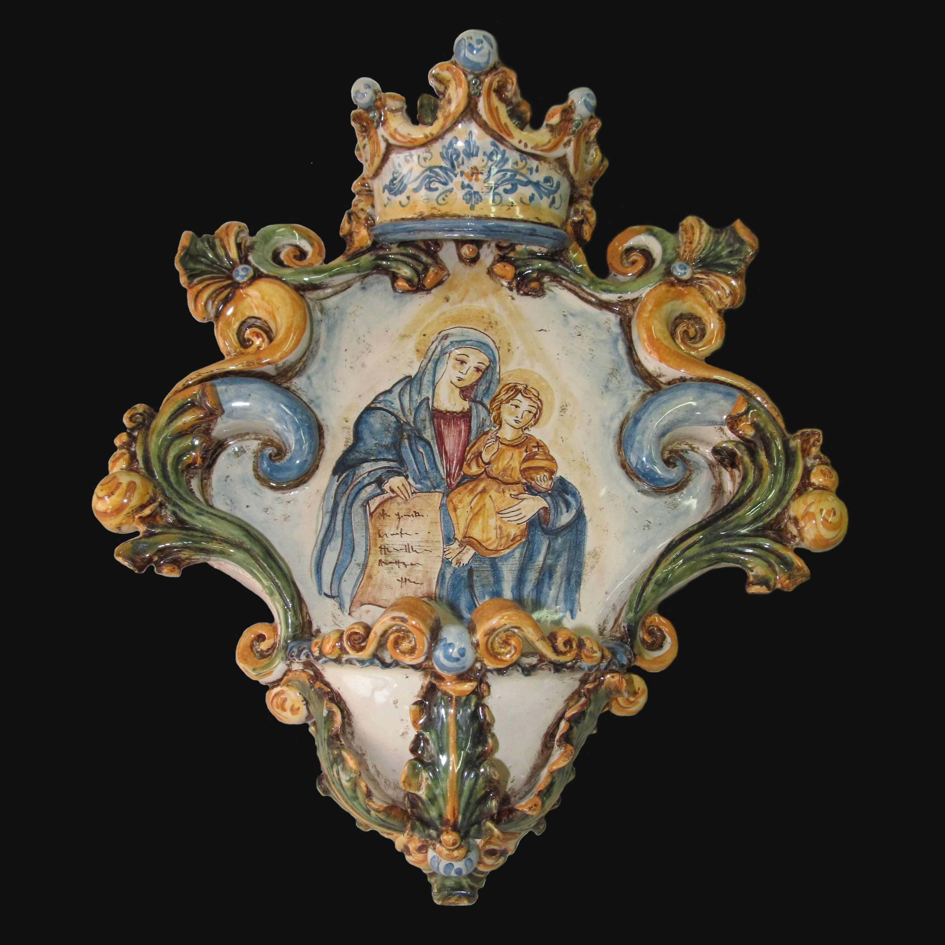 Acquasantiera grande appl 25x35 madonna della lettera tricolore - Ceramiche di Caltagirone Sofia