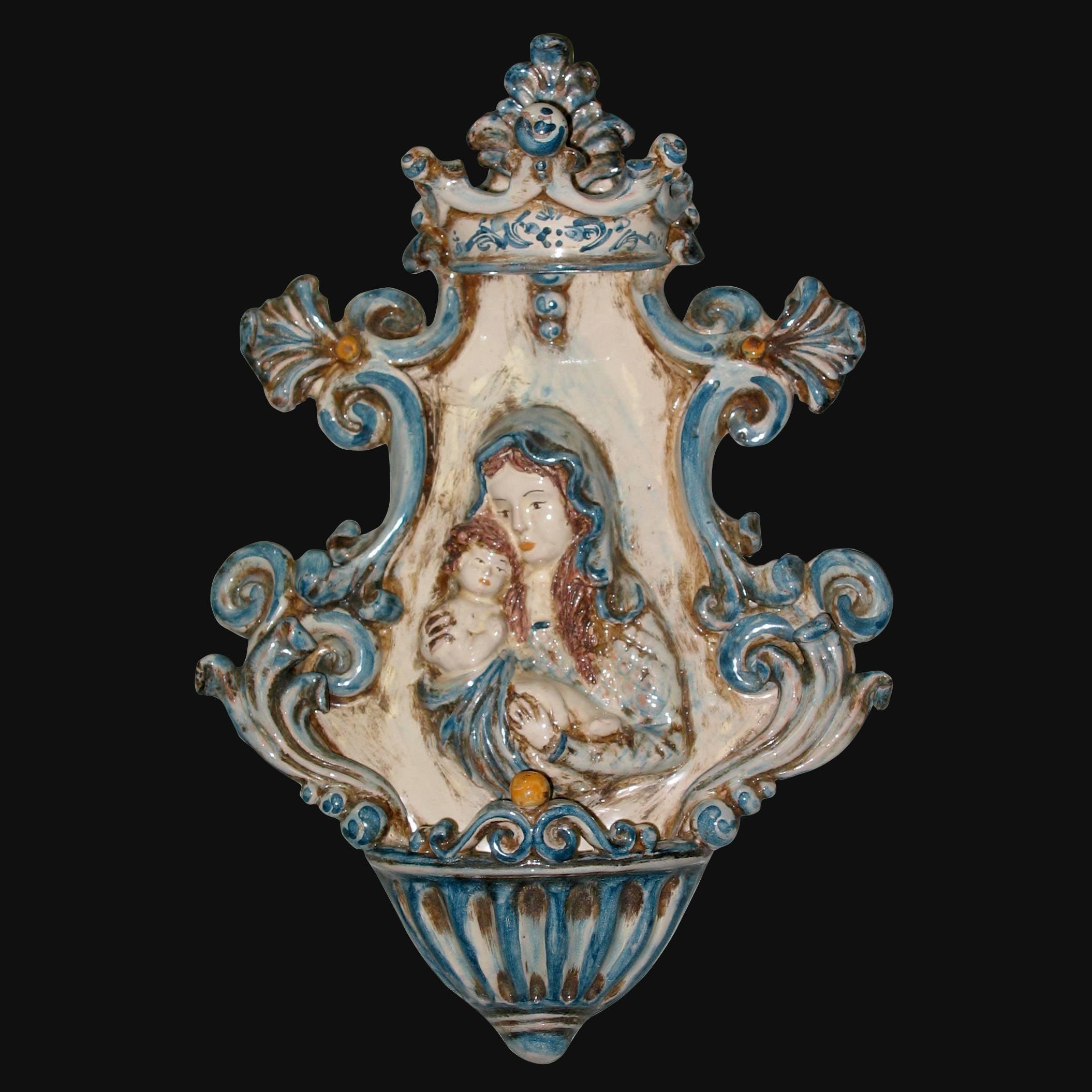 Acquasantiera media appl 19x30 madonna in rilievo mono blu - Ceramiche di Caltagirone Sofia