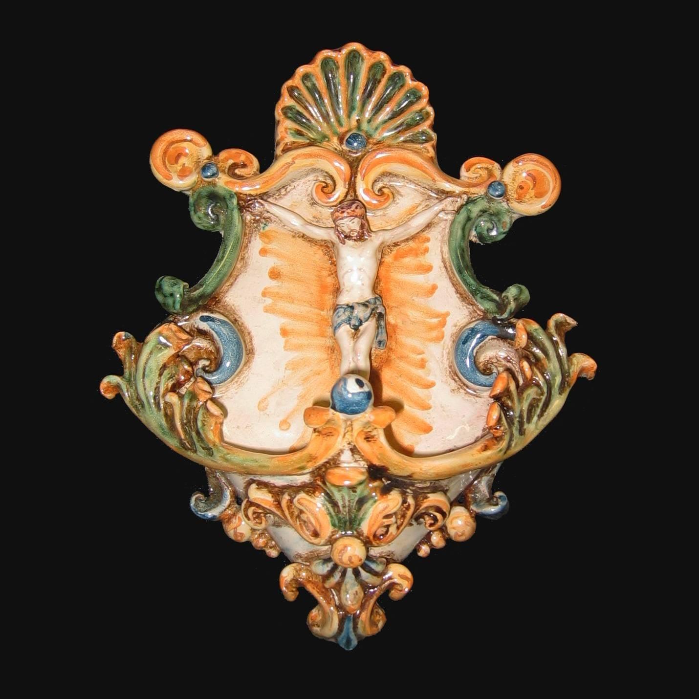 Acquasantiera piccola appl 15x25 cristo in rilievo tricolore - Ceramiche di Caltagirone Sofia