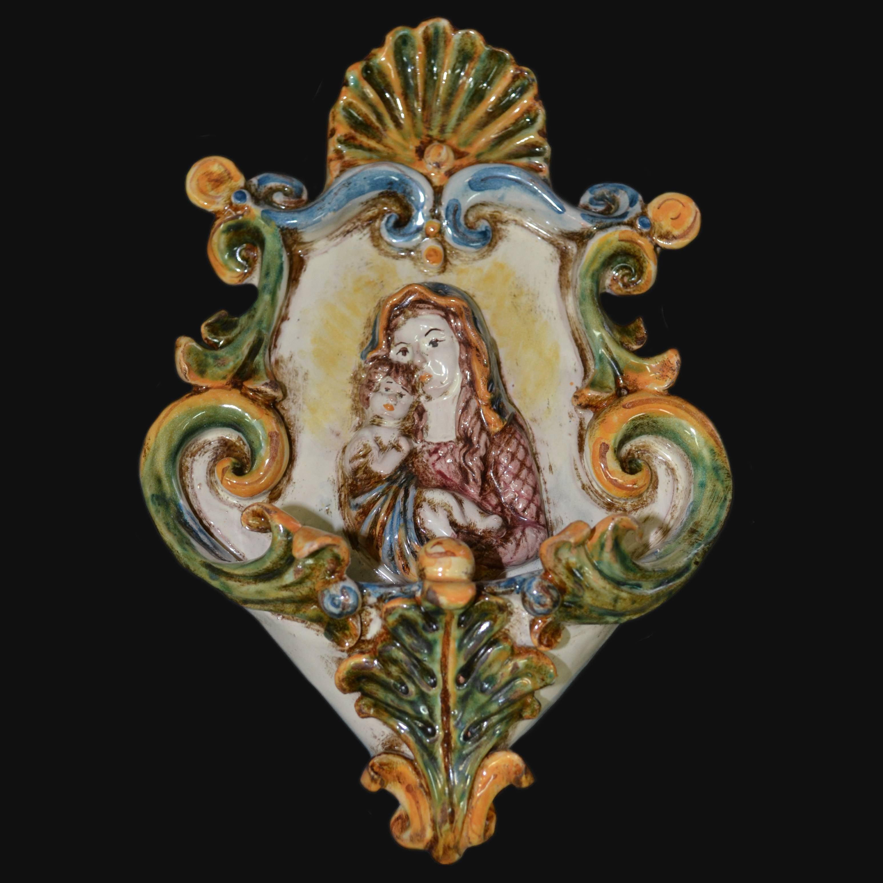 Acquasantiera piccola appl 15x25 madonna in rilievo tricolore - Ceramiche di Caltagirone Sofia
