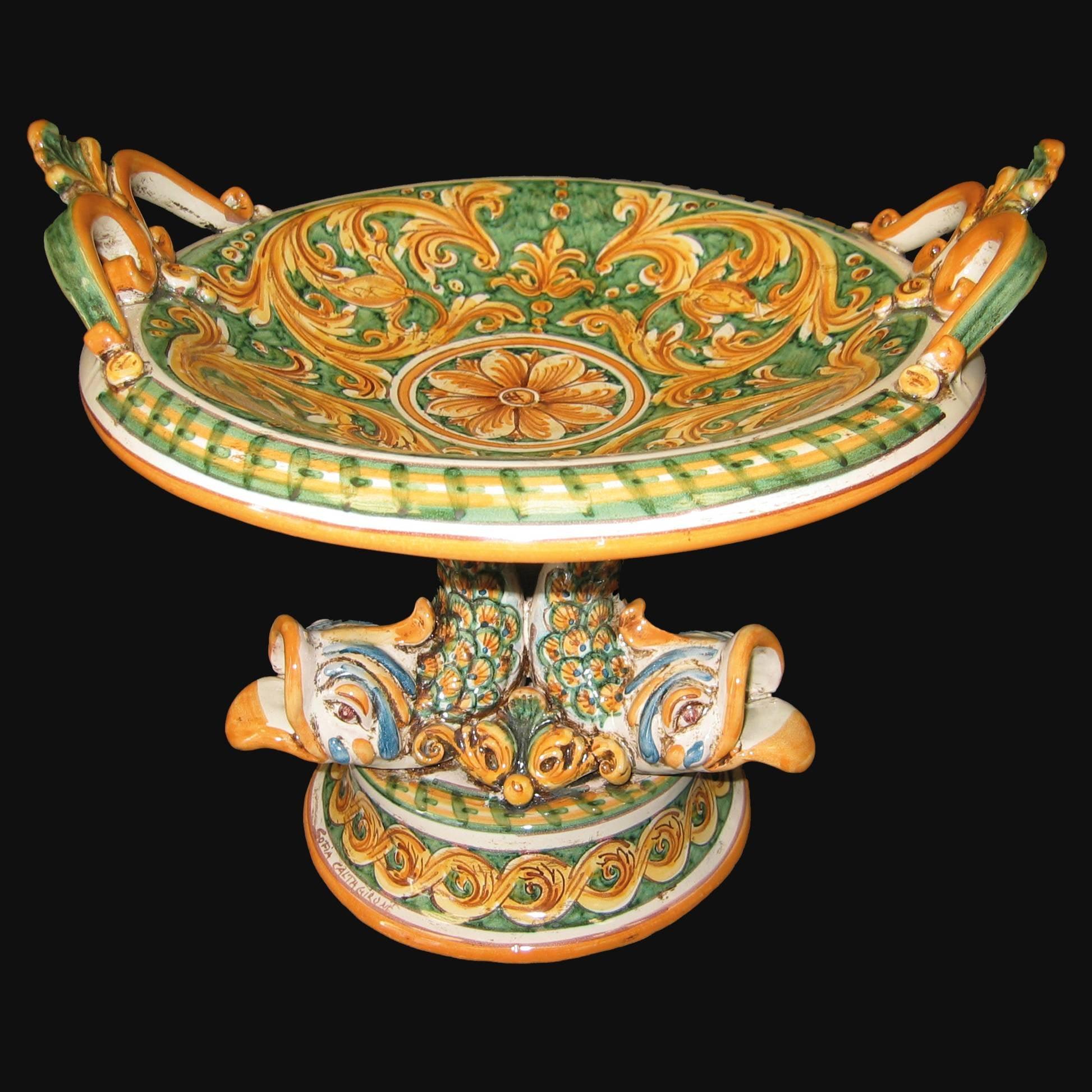 Alzata piede marino Ø 30 ornato fondo verde - Ceramiche artistiche di Caltagirone - Ceramiche di Caltagirone Sofia
