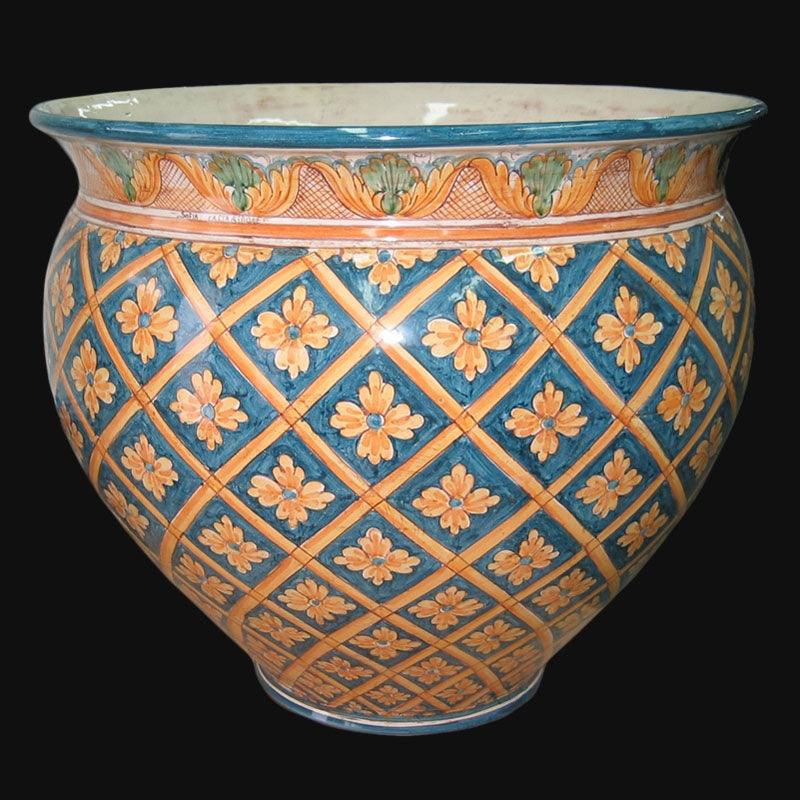 Cachepot rombo floreale blu e arancio - Ceramiche di Caltagirone Sofia