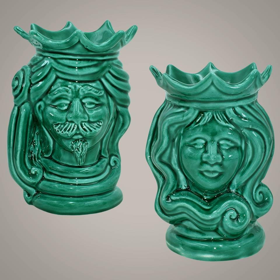 Coppia di Testa h 15 verde smeraldo - Ceramiche di Caltagirone Sofia
