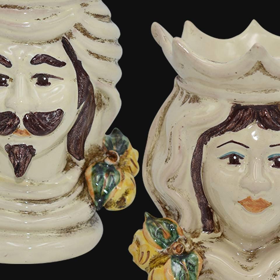 Coppia di Teste di moro h 15 in Avorio maschio bianco - Ceramiche di Caltagirone Sofia