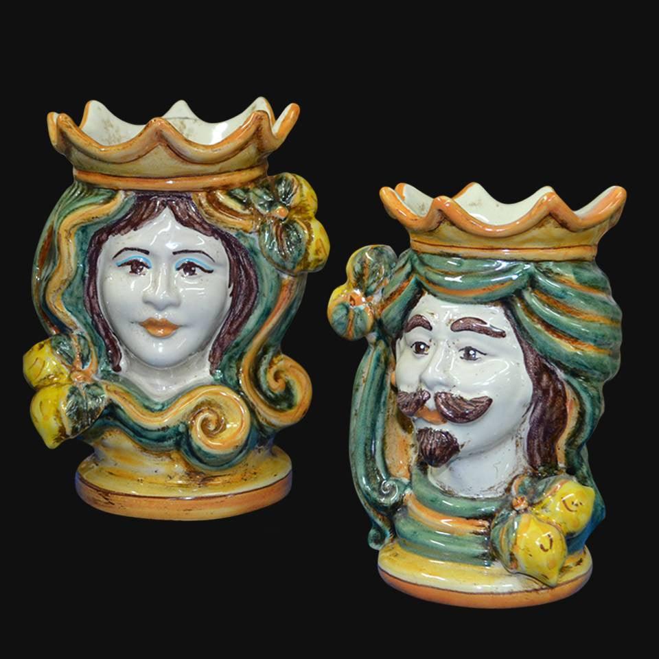 Coppia di Teste di moro h 15 in verde e Arancio maschio bianco - Ceramiche di Caltagirone Sofia