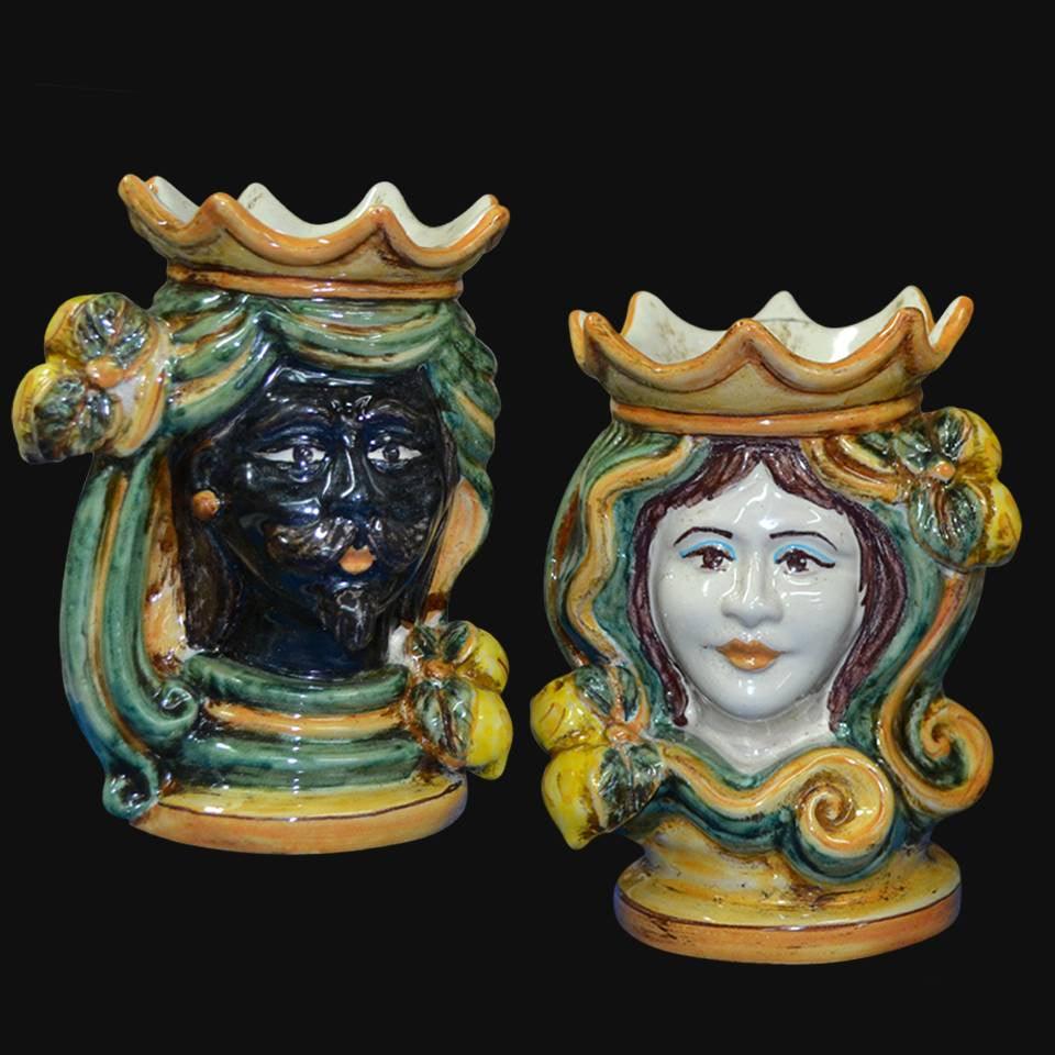 Coppia di Teste di moro h 15 in Verde e Arancio maschio moro - Ceramiche di Caltagirone Sofia