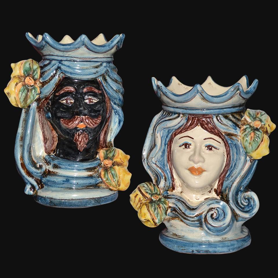 Coppia di Teste di moro h 15 mono blu maschio moro - Ceramiche di Caltagirone Sofia