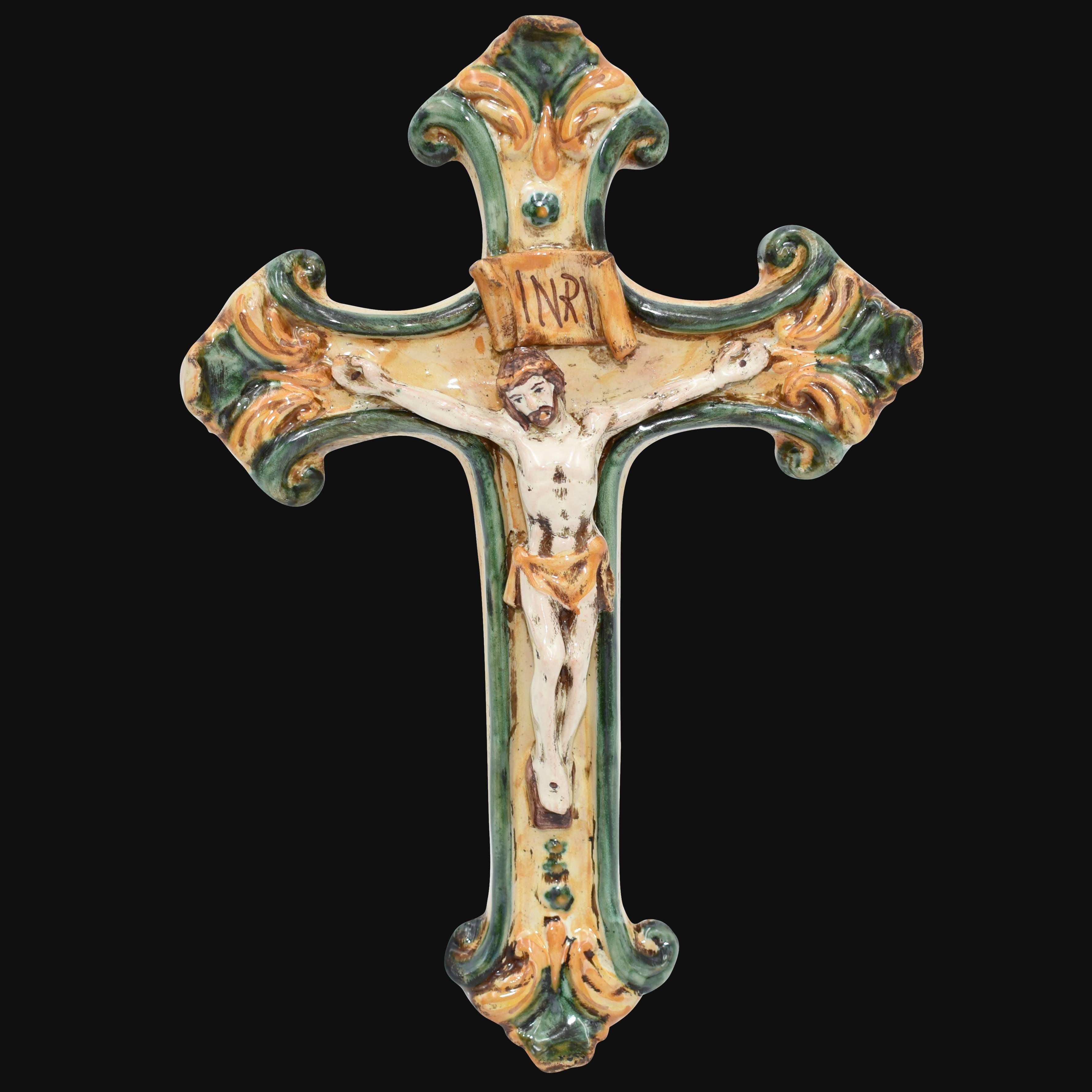 Crocifisso medio 16x24 in verde e arancio - Ceramiche di Caltagirone Sofia