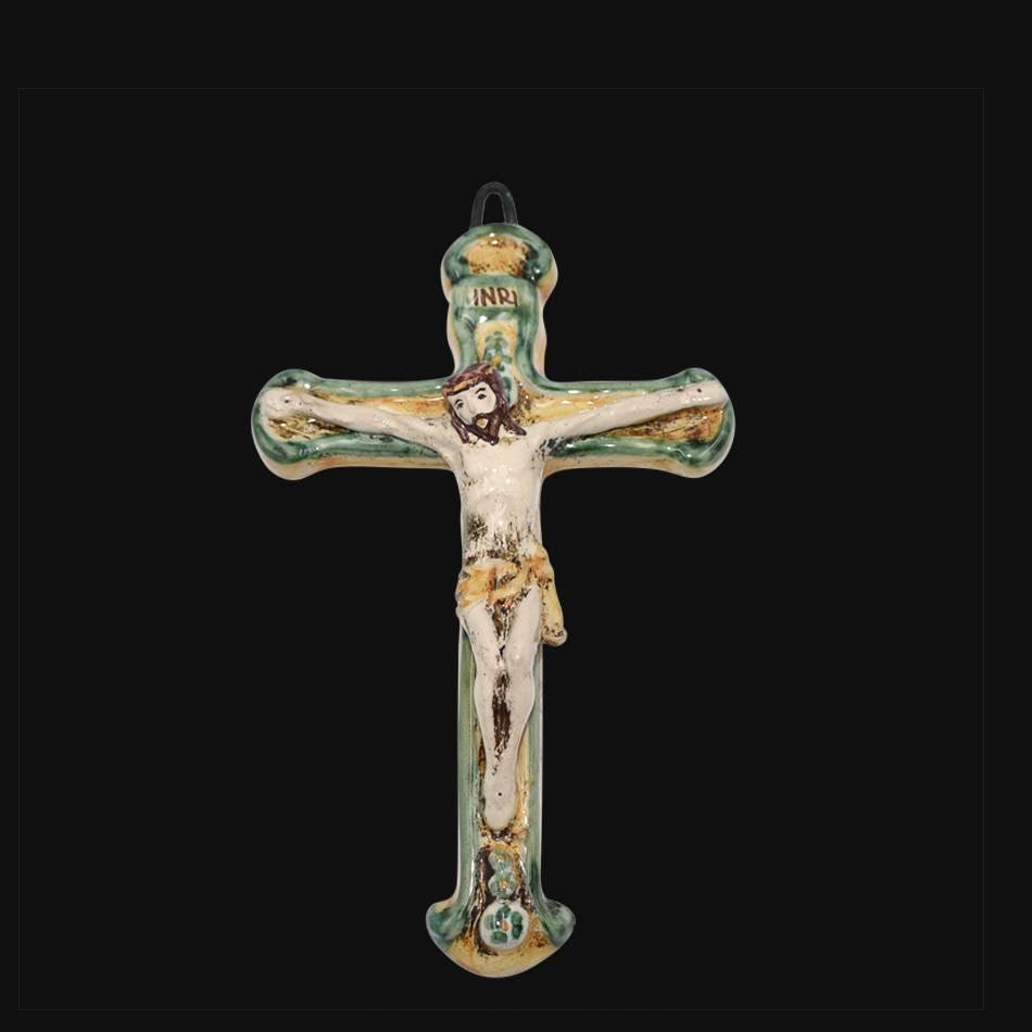 Crocifisso piccolo 10x15 verde e arancio - Ceramiche di Caltagirone Sofia