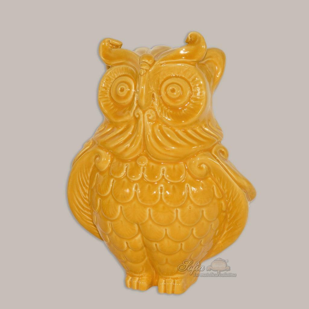 Gufo in ceramica senape, ceramiche Caltagirone Sofia, ceramiche caltagirone fatti a mano