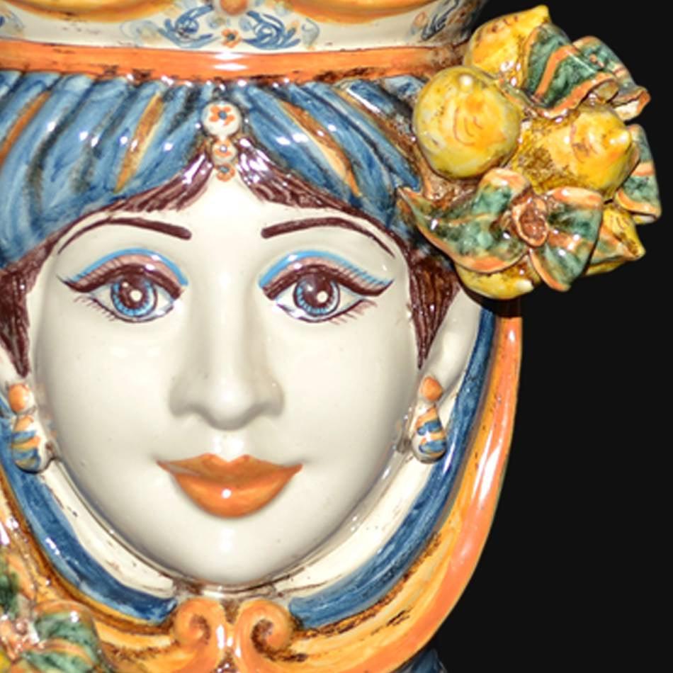 Lume a Testa h 55 limoni blu e arancio femmina - Ceramiche di Caltagirone Sofia