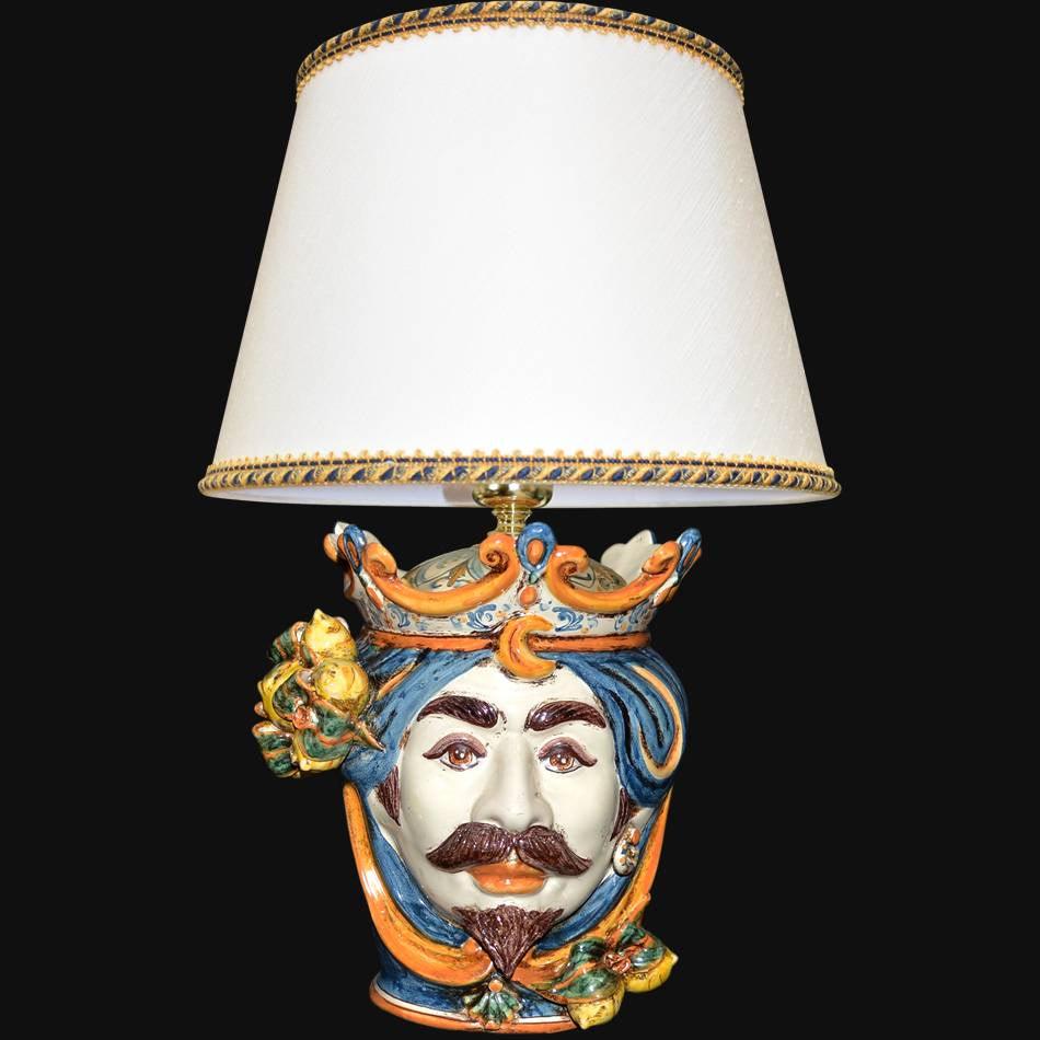 Lume a Testa h 55 limoni blu e arancio maschio bianco - Ceramiche di Caltagirone Sofia