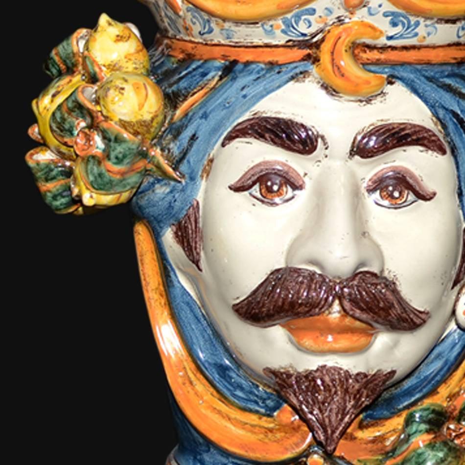 Lume a Testa h 55 limoni blu e arancio maschio bianco - Ceramiche di Caltagirone Sofia