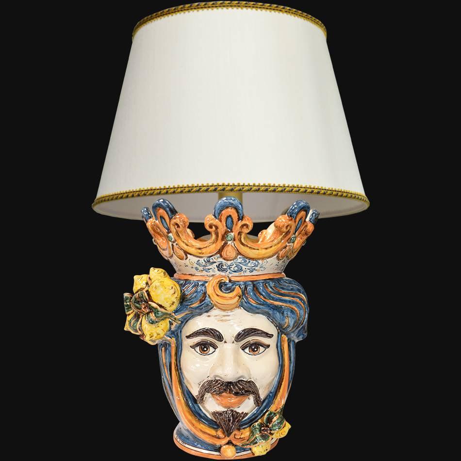 Lume a testa h 70 cm limoni blu e arancio maschio bianco - Ceramiche di Caltagirone Sofia