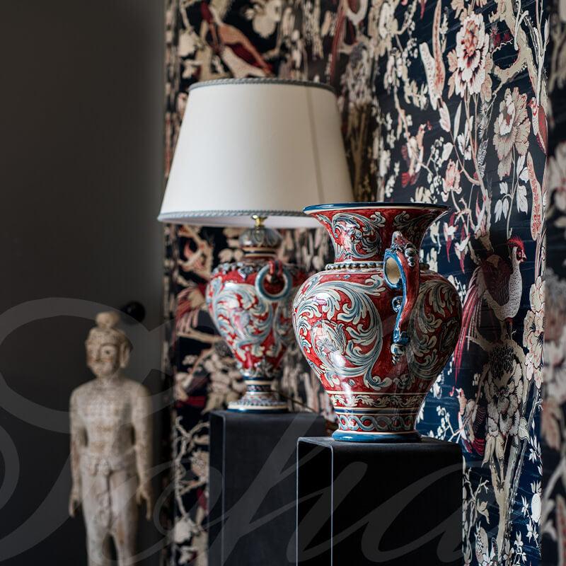 Lume ornamentale anelli h 72 ornato blu/bordeaux - Ceramiche di Caltagirone Sofia - Ceramiche di Caltagirone Sofia