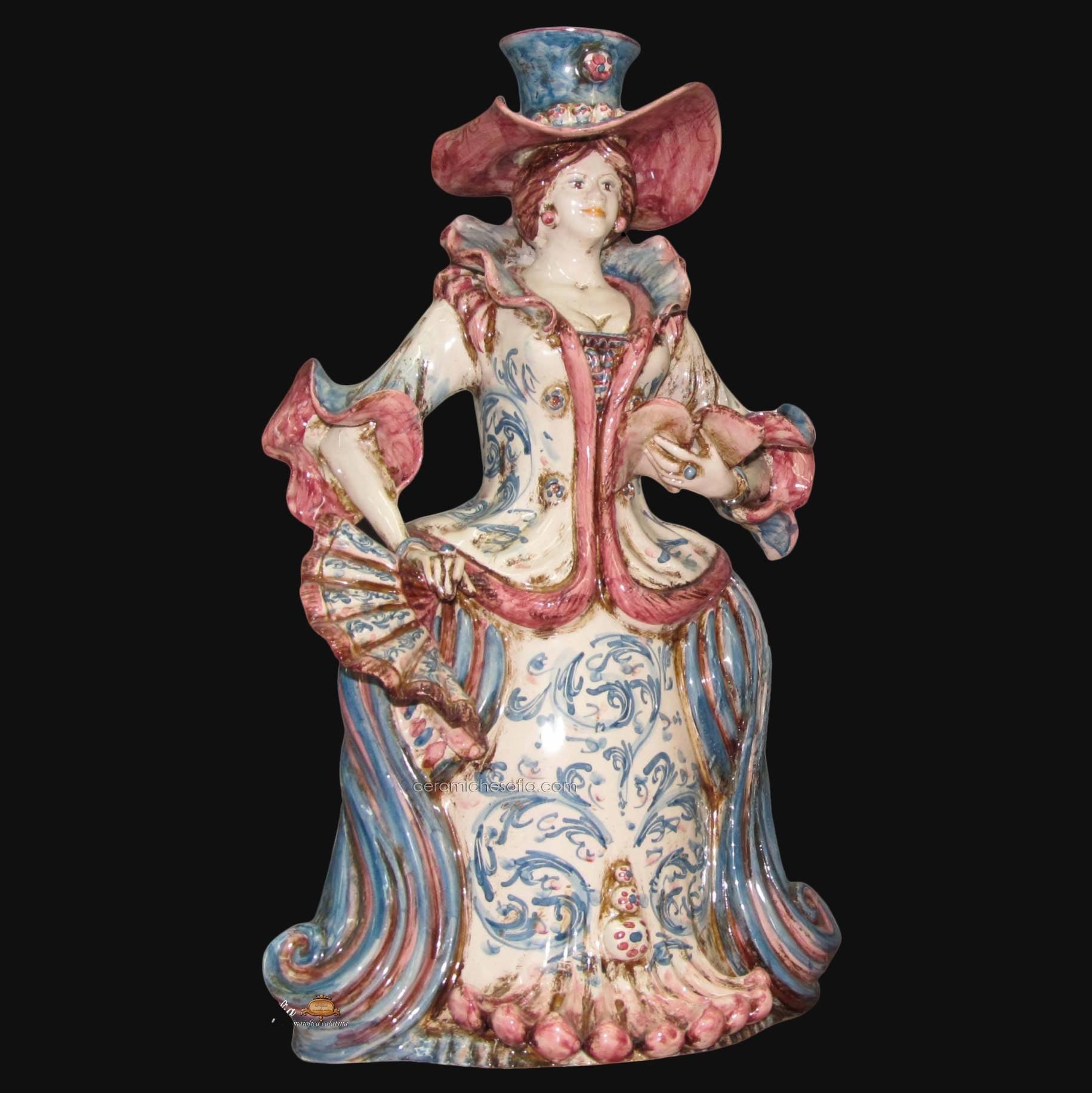 Lumiera grande femmina h 40 blu/bordeaux - Modellato a Mano - Ceramiche di Caltagirone Sofia