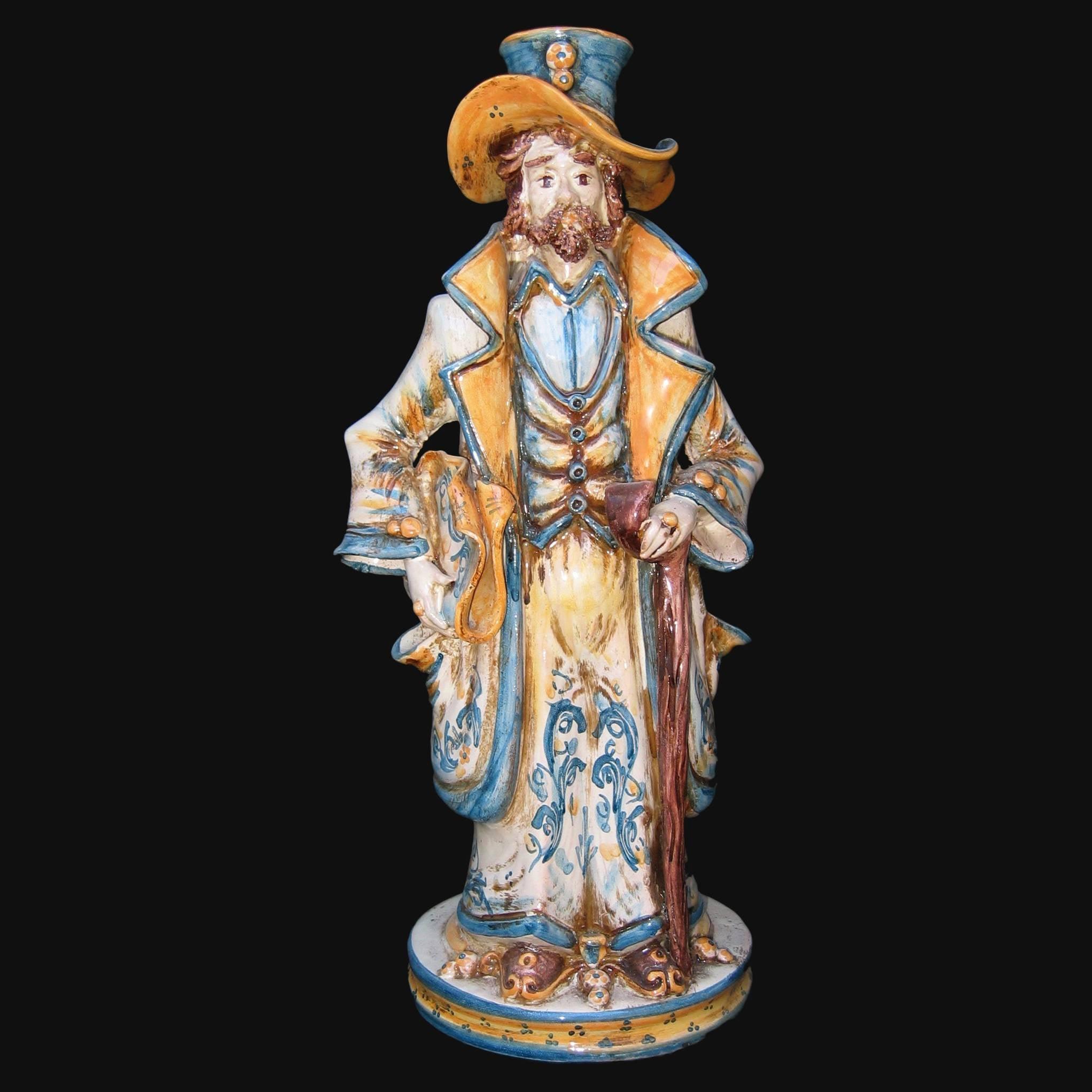 Lumiera piccola uomo h 31 blu e arancio - Modellata a mano - Ceramiche di Caltagirone Sofia