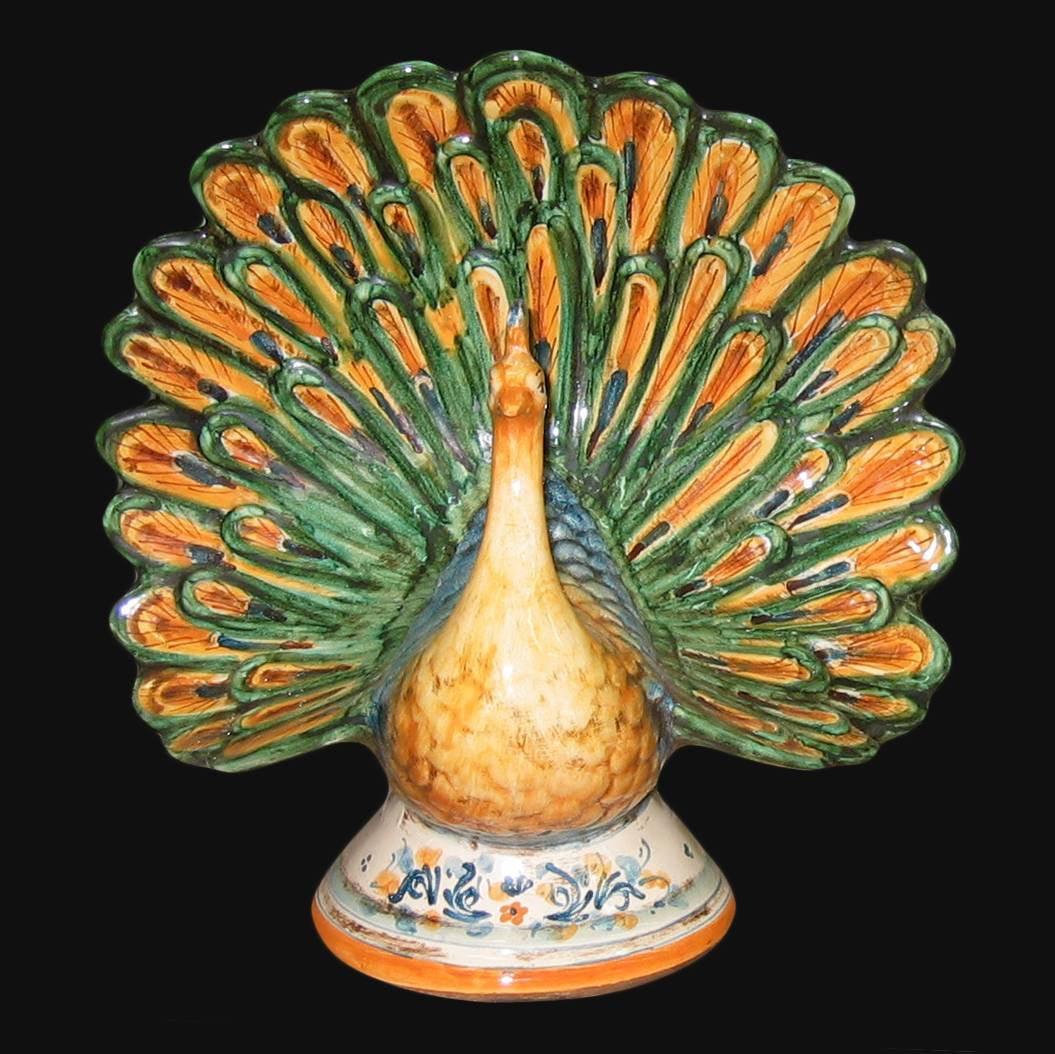 Pavone in ceramica decoro in verde e arancio - Ceramiche di Caltagirone Sofia - Ceramiche di Caltagirone Sofia