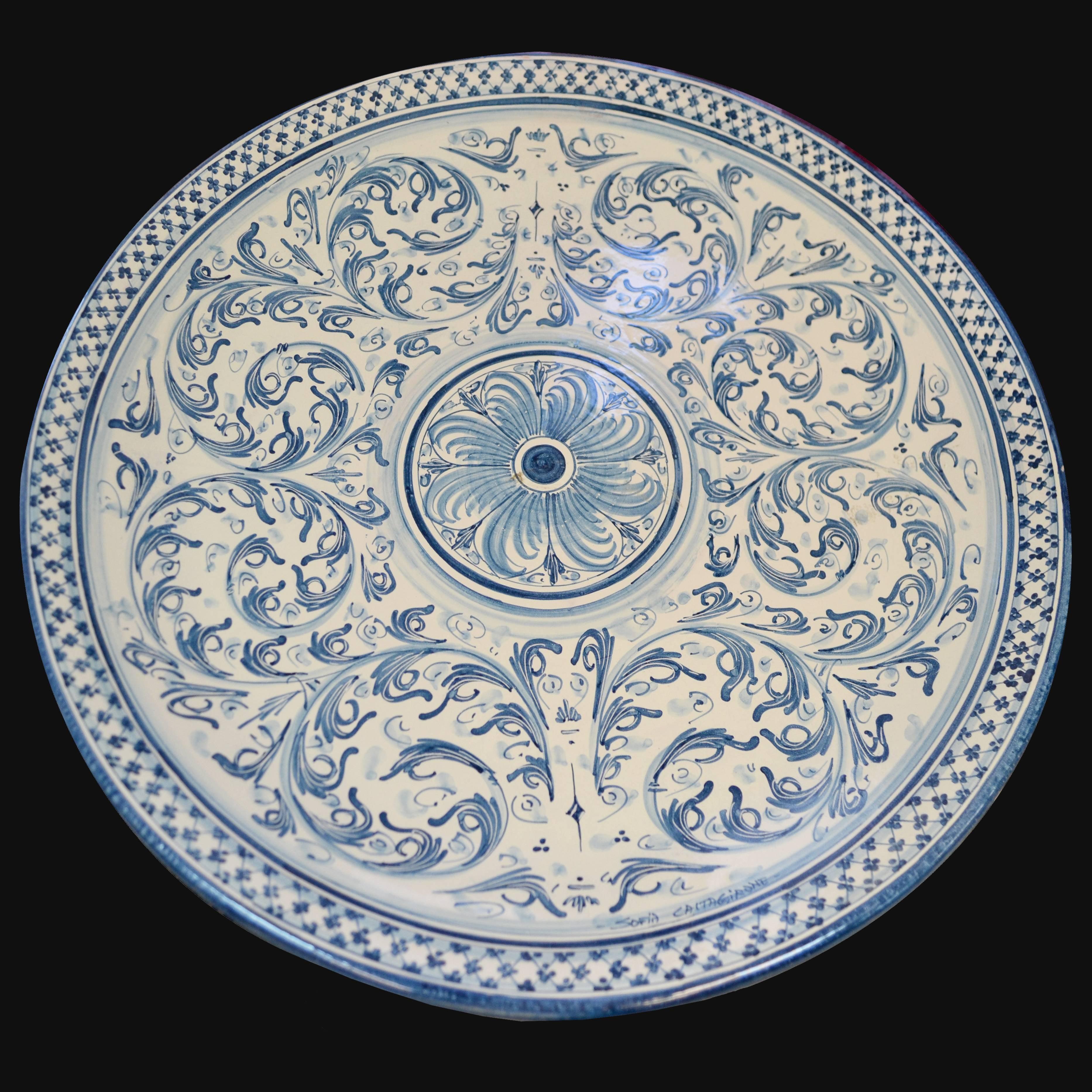 Piatto ornamentale in s. d'arte mono blu in ceramica artistica di Caltagirone - Ceramiche di Caltagirone Sofia