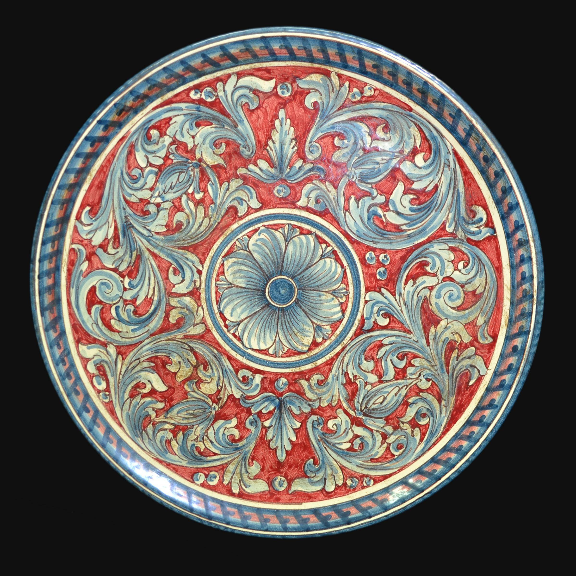 Piatto ornamentale ornato blu/bordeaux in ceramica artigianale di Caltagirone. - Ceramiche di Caltagirone Sofia
