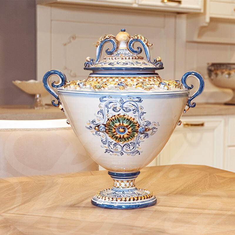 Caltagirone Keramik Potiche-Vase mit Fuß H 38 cm — Plastico Sofia, Dreifarbig