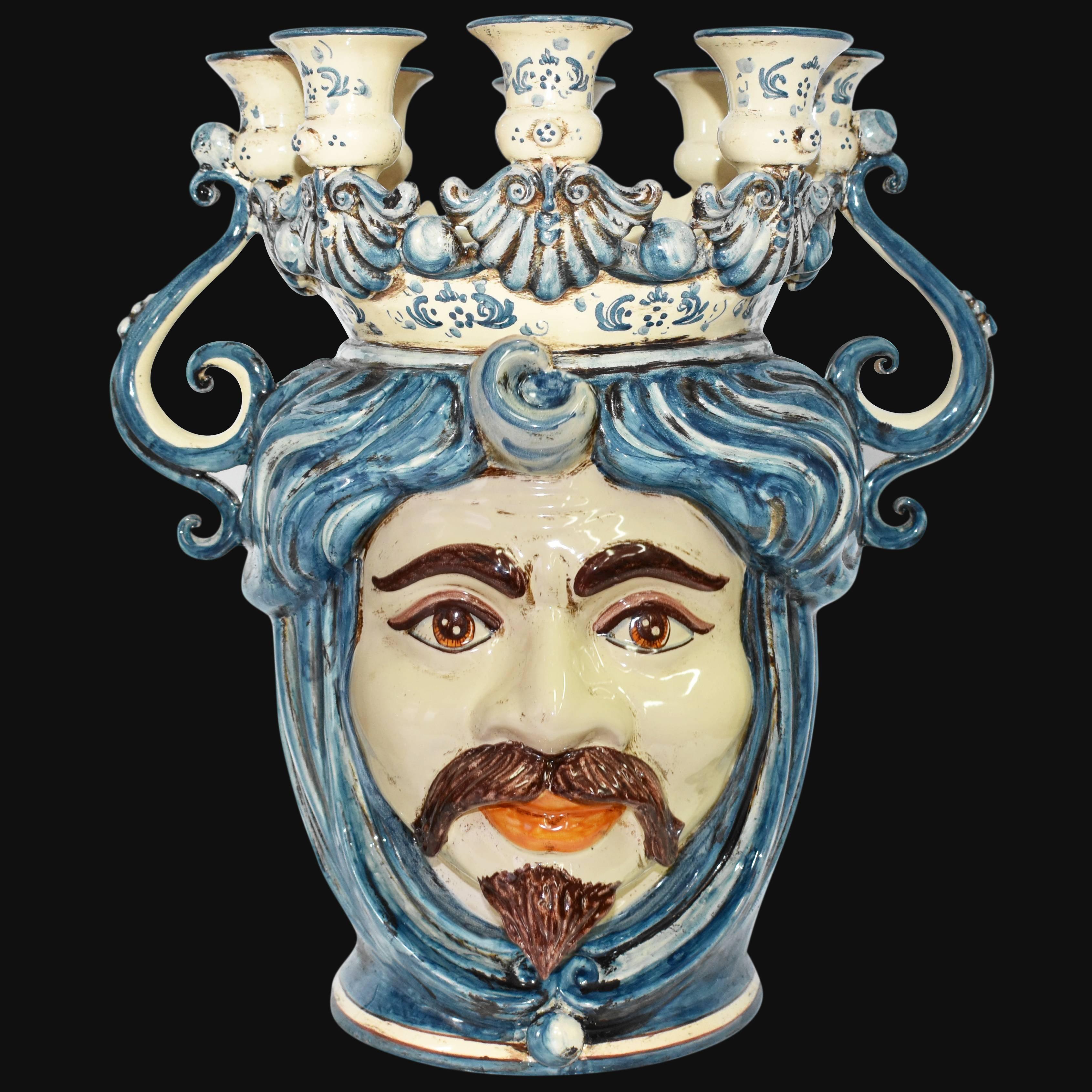 Testa a candeliere h 40 mono blu maschio bianco - Ceramiche di Caltagirone Sofia