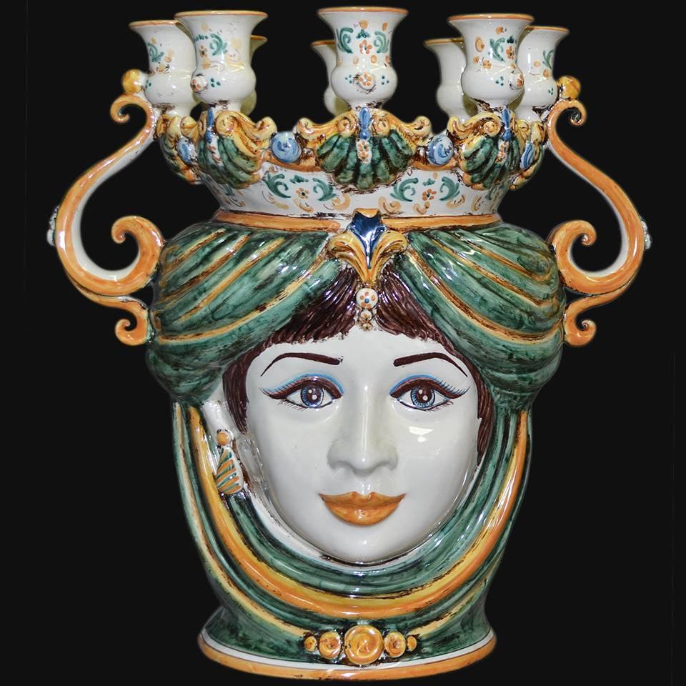Testa a Candeliere h 40 verde/arancio Donna - Ceramiche di Caltagirone Sofia