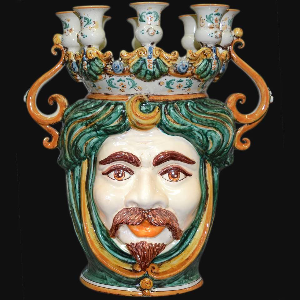 Testa a Candeliere h 40 verde/arancio Maschio Bianco - Ceramiche di Caltagirone Sofia