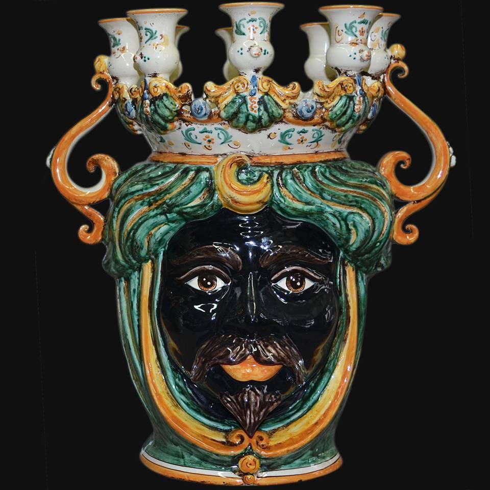 Testa a Candeliere h 40 verde/arancio Maschio Moro - Ceramiche di Caltagirone Sofia