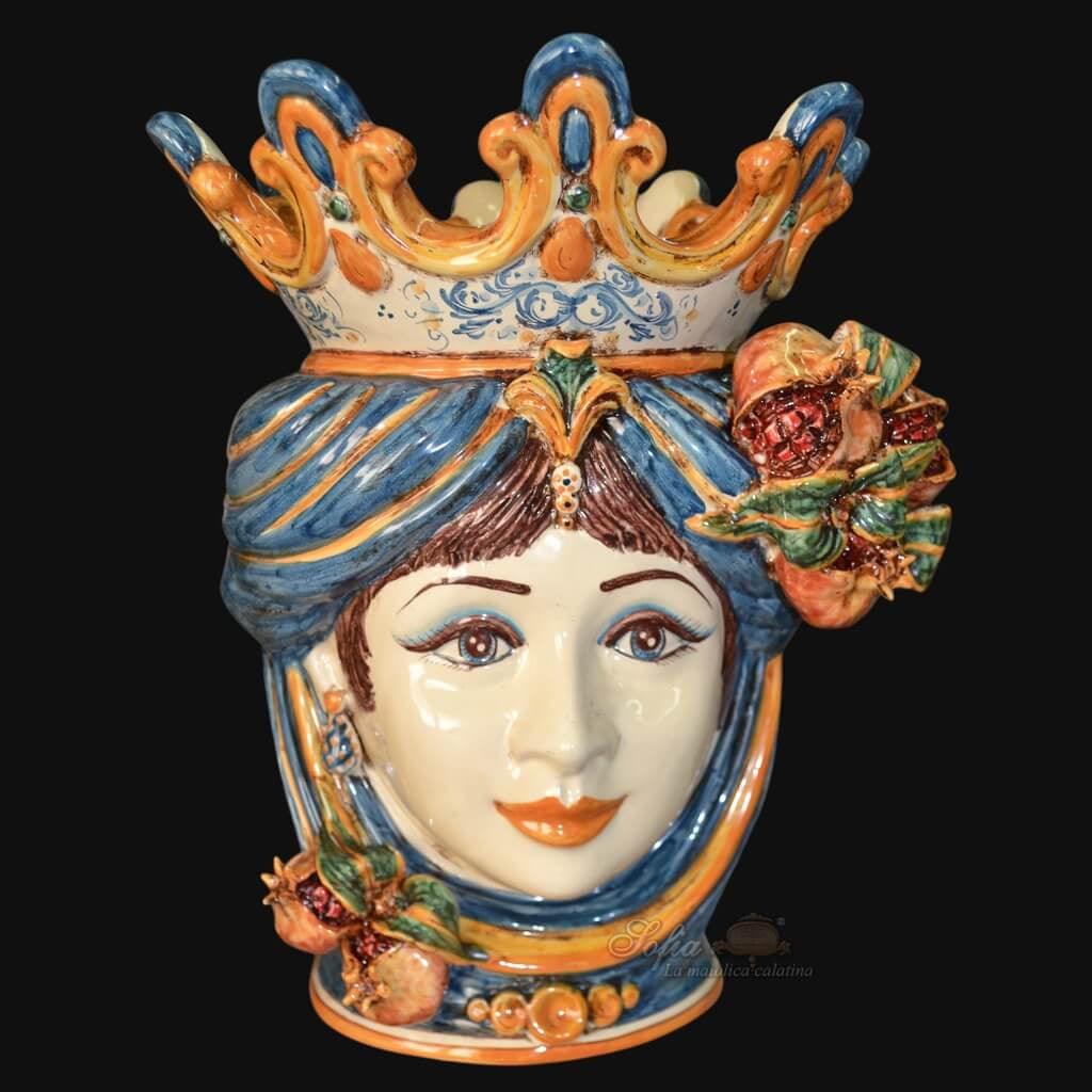 Testa di moro h 40 melograni blu e arancio femmina - Ceramiche di Caltagirone Sofia