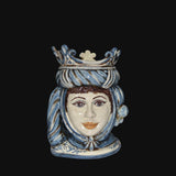 Ceramica di Caltagirone fatta a mano con volto femminile e corona blu